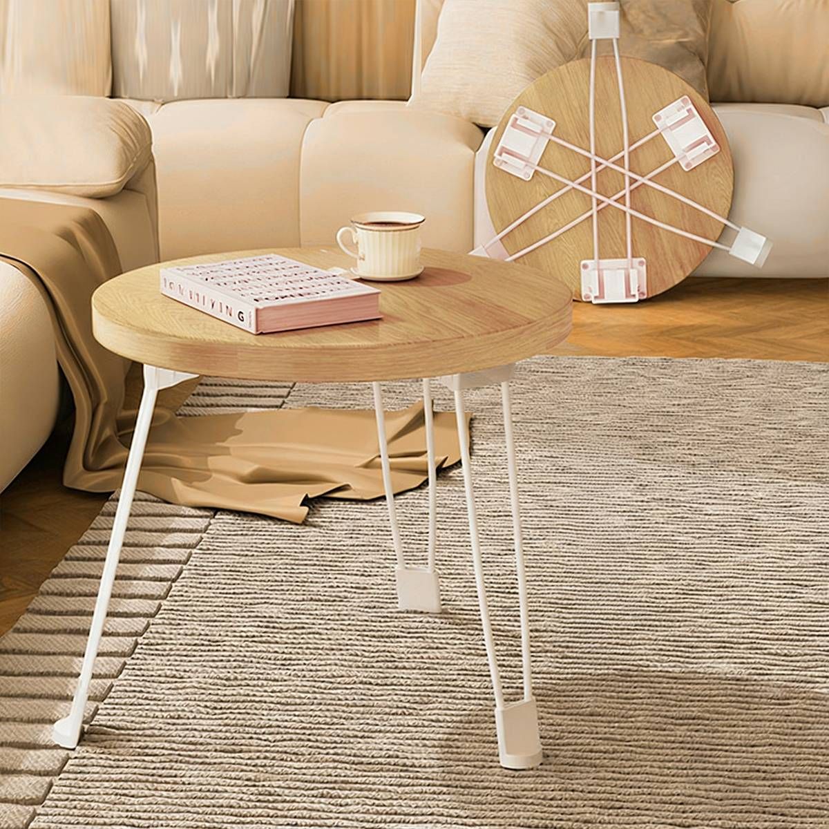 Folding Round Side Table with Carbon Steel Legs and Waterproof Top