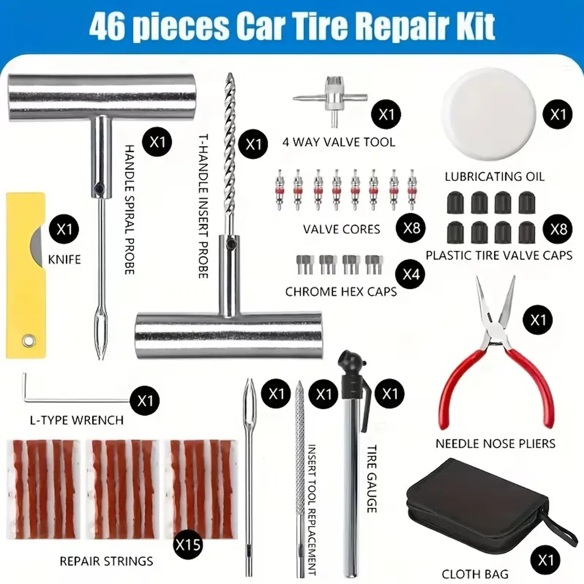 46PCS Car Tire Repair Kit Patch Plug Puncture Emergency for Car Truck Motorbike