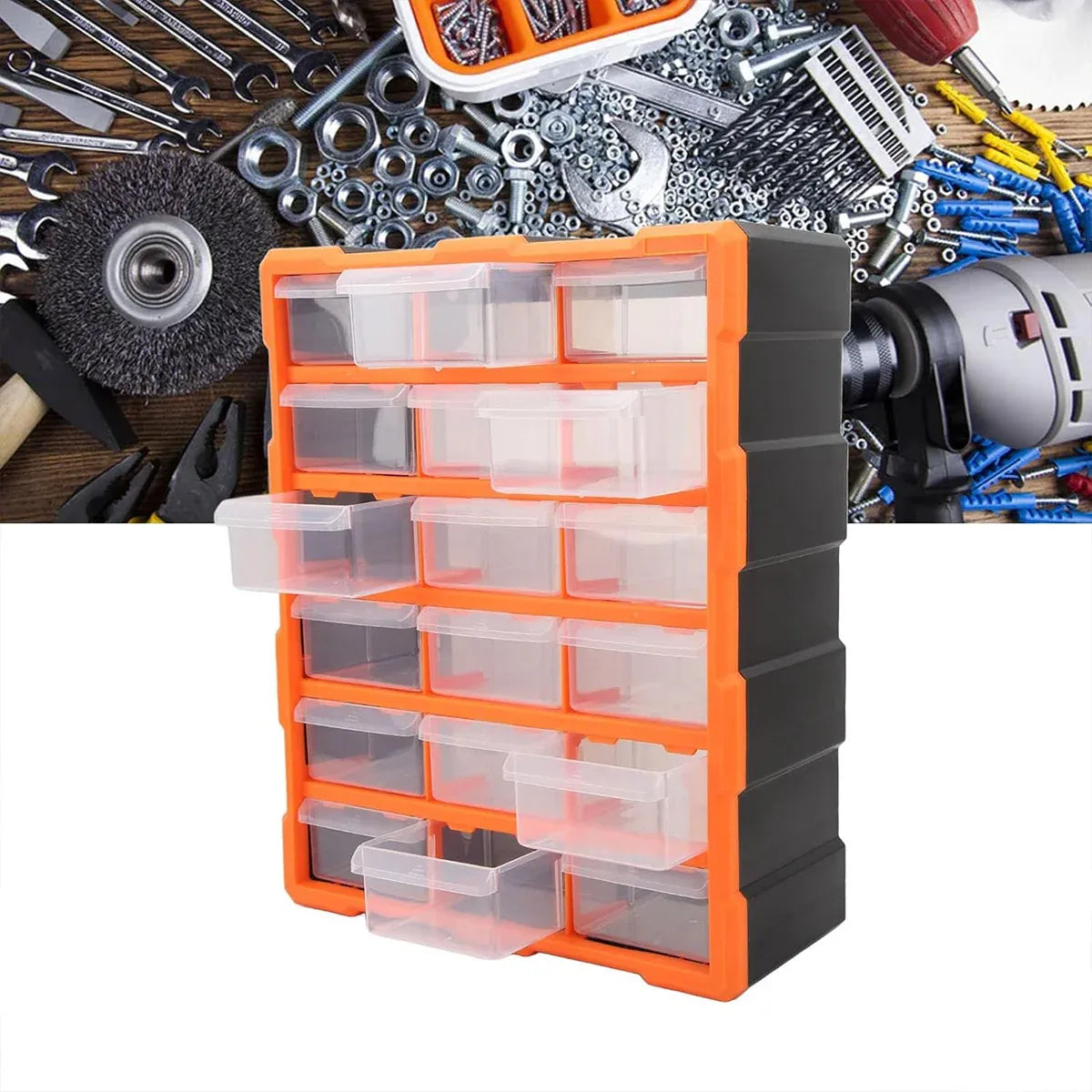 18 Drawer Plastic Parts Organiser Cabinet, Tool Storage Bin with Clear Drawers