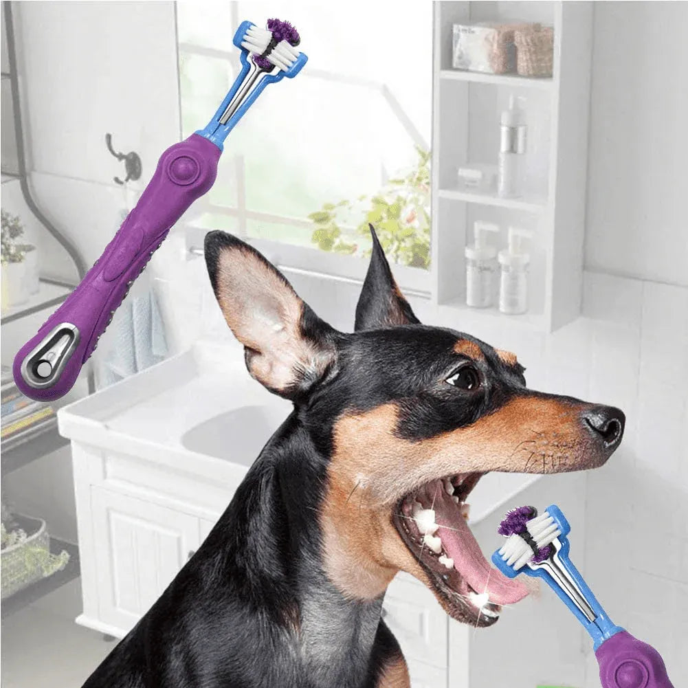 3-Sided Pet Toothbrush Dog Removing Bad Tartar Breath Dental Cleaning Mouth - White