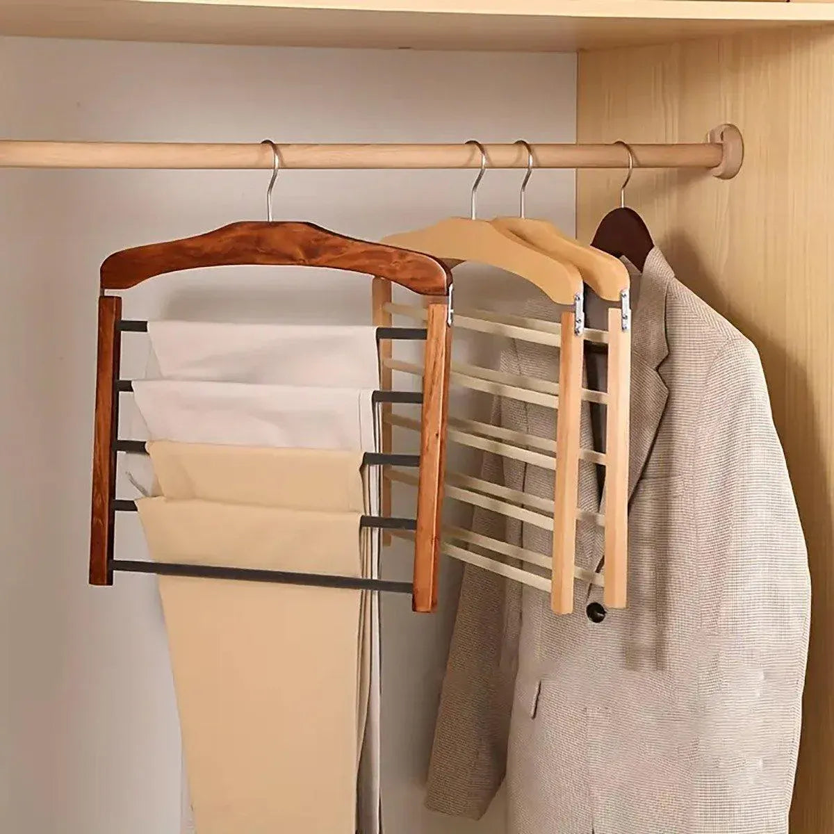 Multi Tier Wooden Trouser Rack Household Towel Rack Space Saving Pants Hanger - Retro
