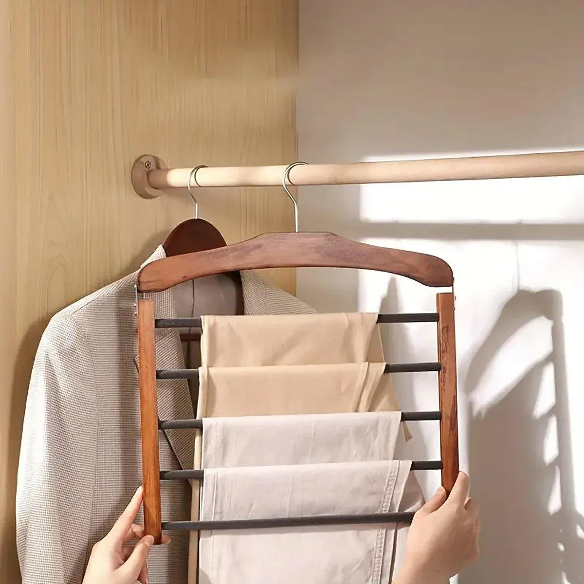 Multi Tier Wooden Trouser Rack Household Towel Rack Space Saving Pants Hanger - Retro