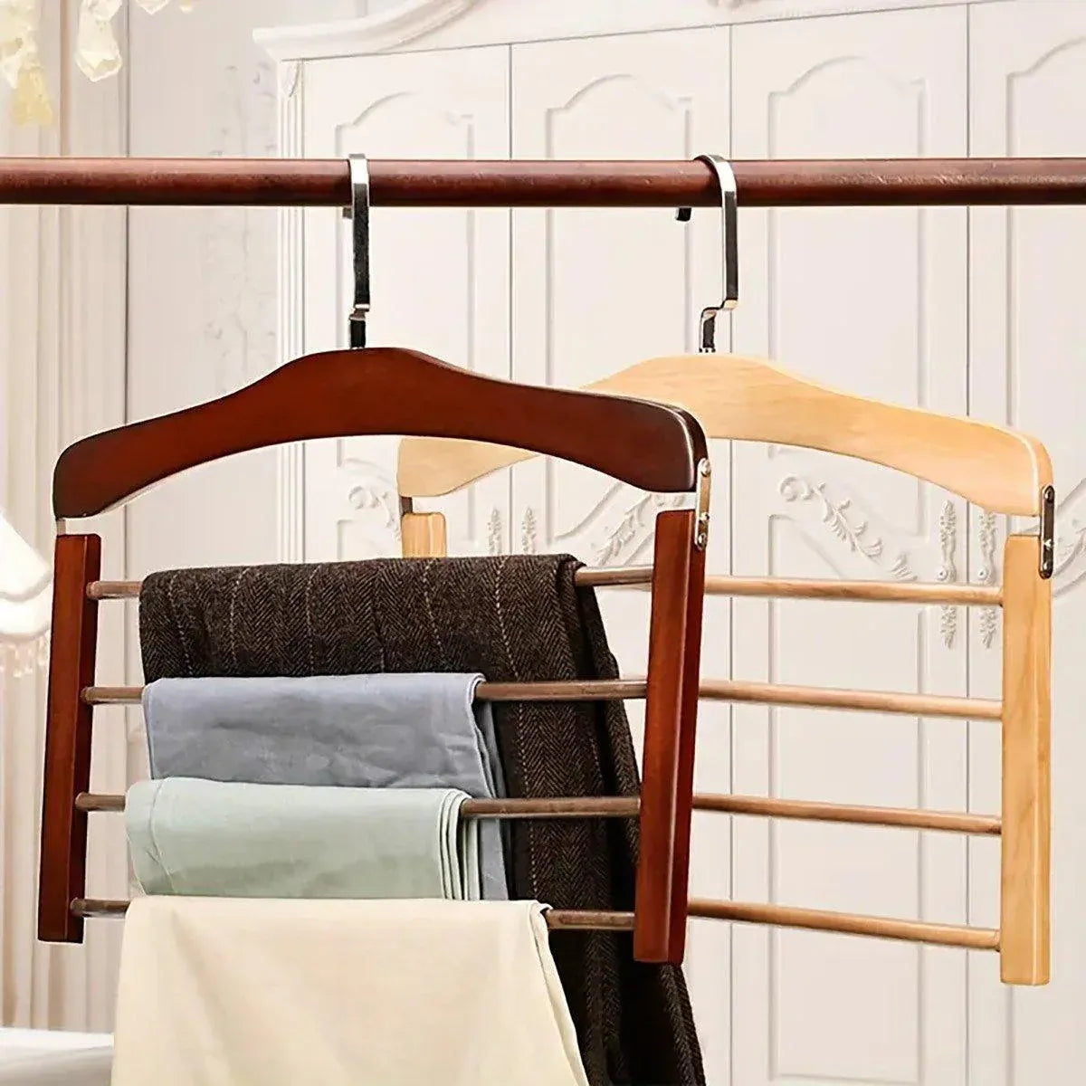Multi Tier Wooden Trouser Rack Household Towel Rack Space Saving Pants Hanger - Retro