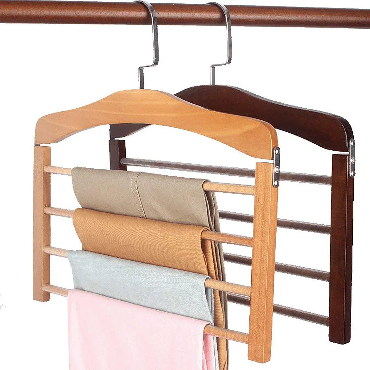 Multi Tier Wooden Trouser Rack Household Towel Rack Space Saving Pants Hanger - Retro