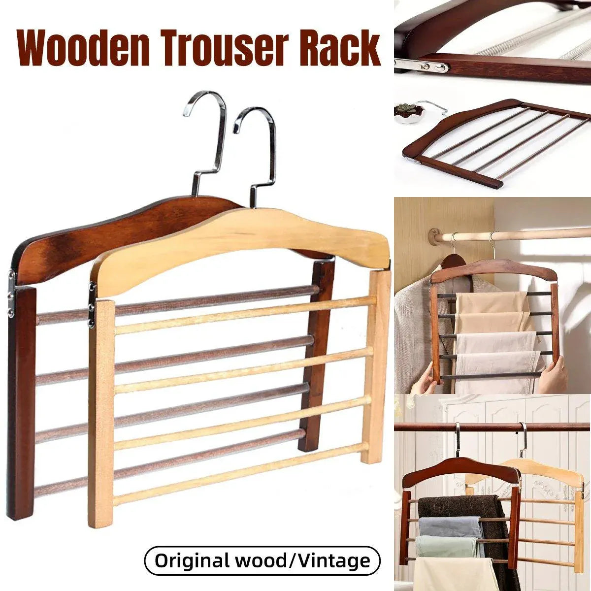 Multi Tier Wooden Trouser Rack Household Towel Rack Space Saving Pants Hanger - Retro