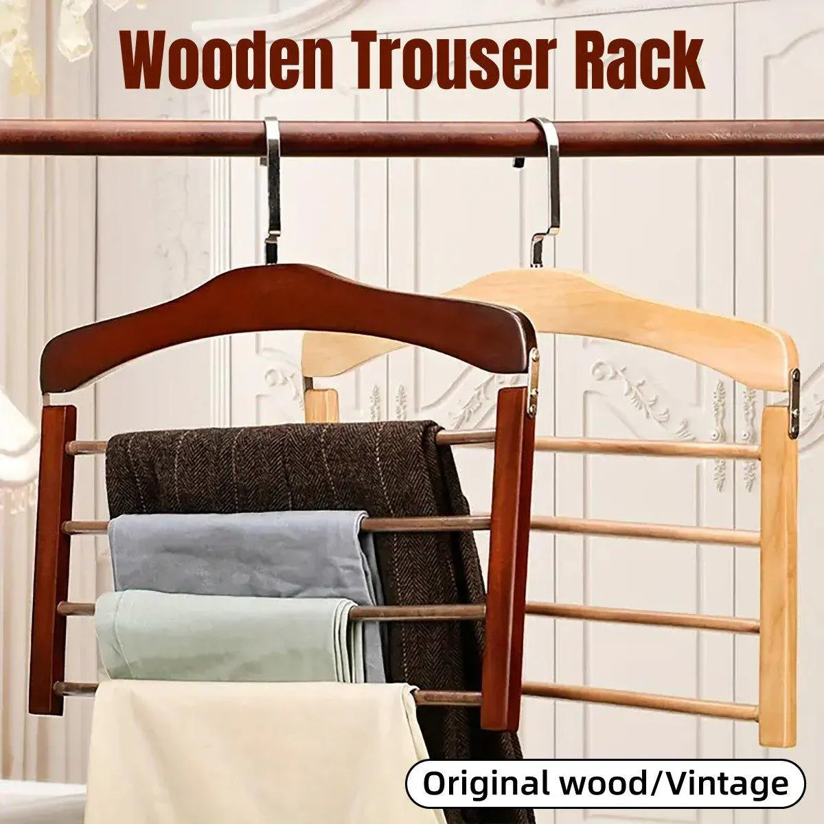 Multi Tier Wooden Trouser Rack Household Towel Rack Space Saving Pants Hanger - Original wood