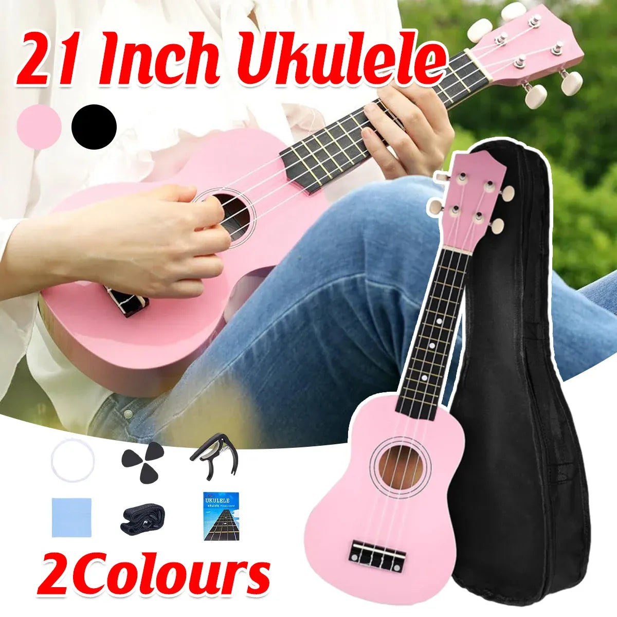 21 Inch Soprano Ukulele for Beginners 4 String Linden Wood with Accessory, Pink