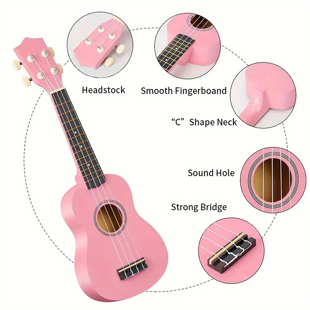 21 Inch Soprano Ukulele for Beginners 4 String Linden Wood with Accessory, Pink