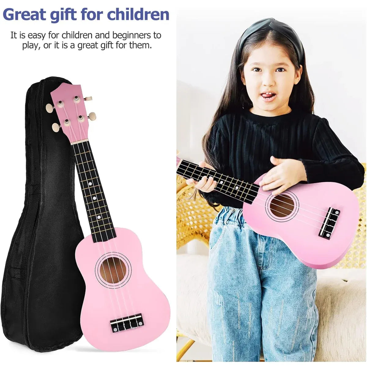 21 Inch Soprano Ukulele for Beginners 4 String Linden Wood with Accessory, Pink