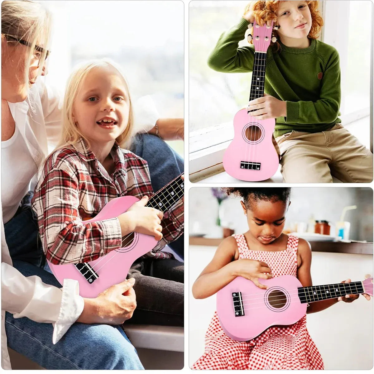 21 Inch Soprano Ukulele for Beginners 4 String Linden Wood with Accessory, Pink