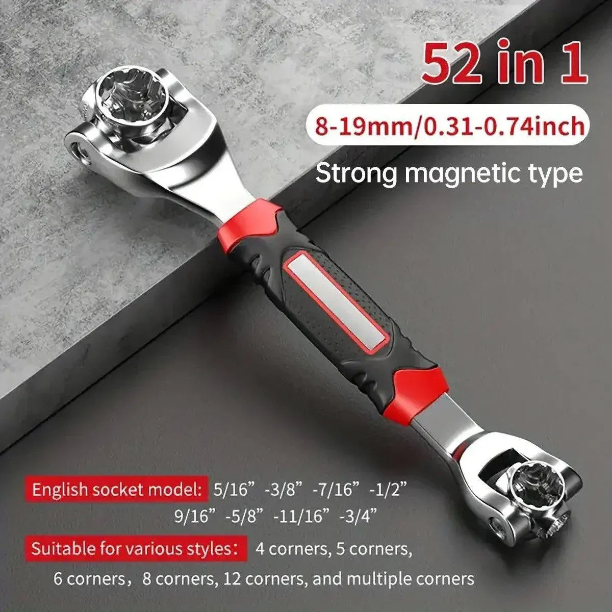 52 in 1 Universal Socket Wrench 8-19mm Multi-Angle Rotary Spanner, Chrome Steel