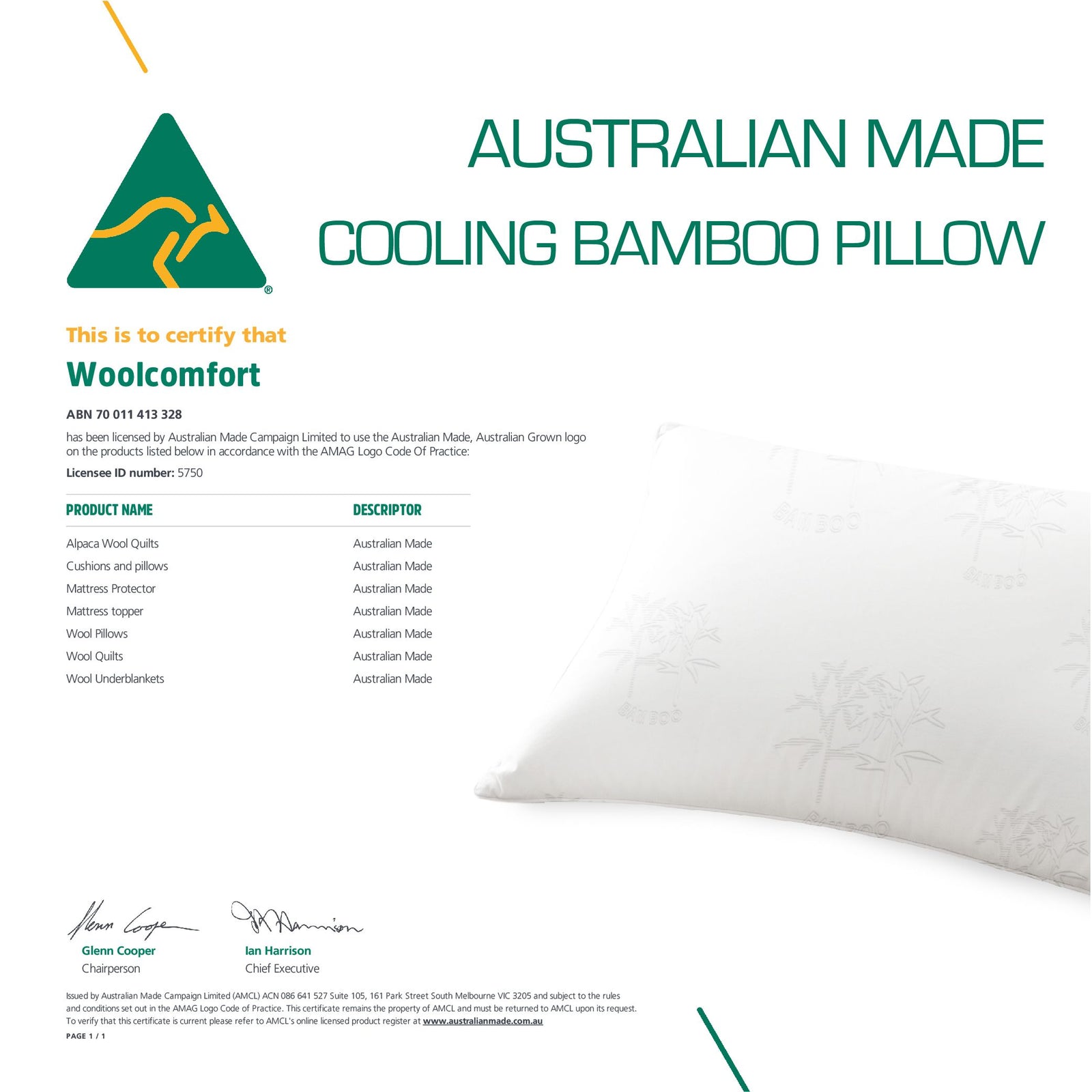 Australian Made Bamboo Cooling Pillow Standard Size Twin Pack