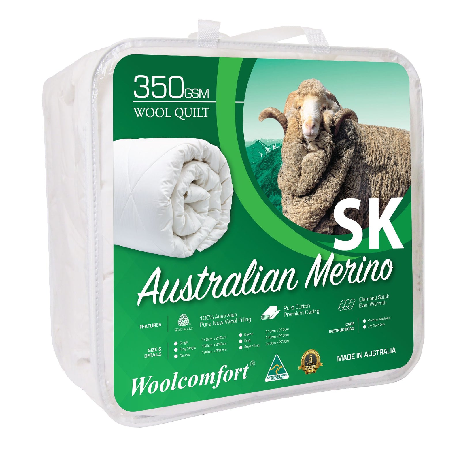 Australian Made Merino Wool Quilt 350GSM Super King 270x240cm Woolmark