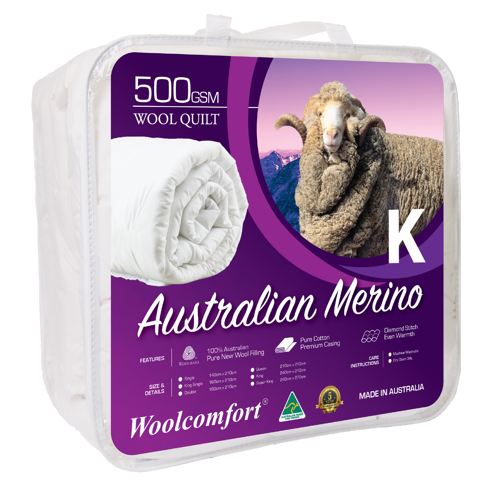 Australian Made Merino Wool Quilt 500GSM King 240x210cm Woolmark Certified