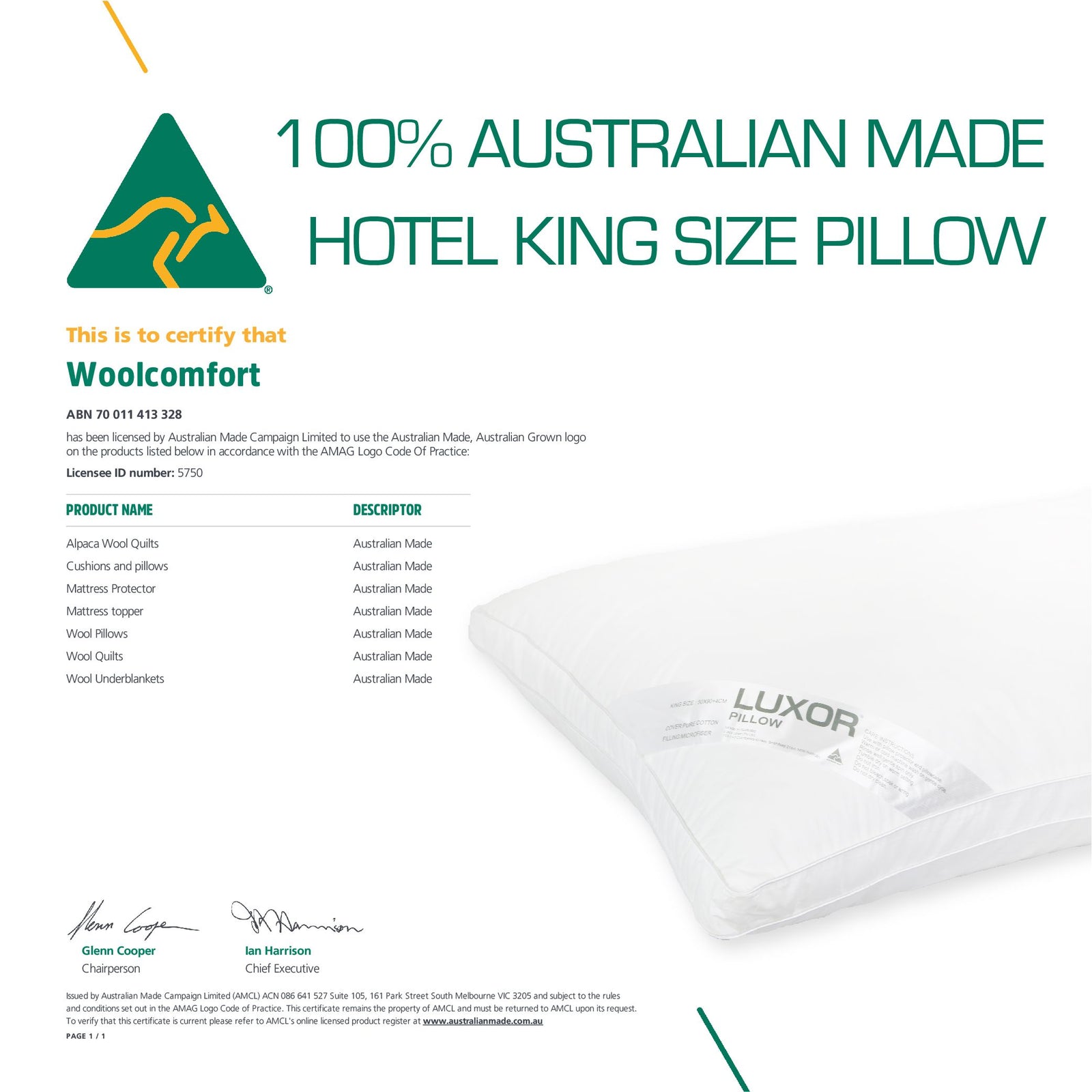 Australian Made Hotel King Size Pillow with 4cm Wall Single Pack