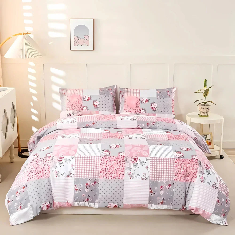 Soft Pink Plaid Quilt Cover Set - (3pcs, Super King Size)