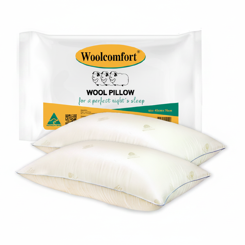Australian Made Wool Pillow Twin Pack 100% Pure Wool 900g Sateen Cotton