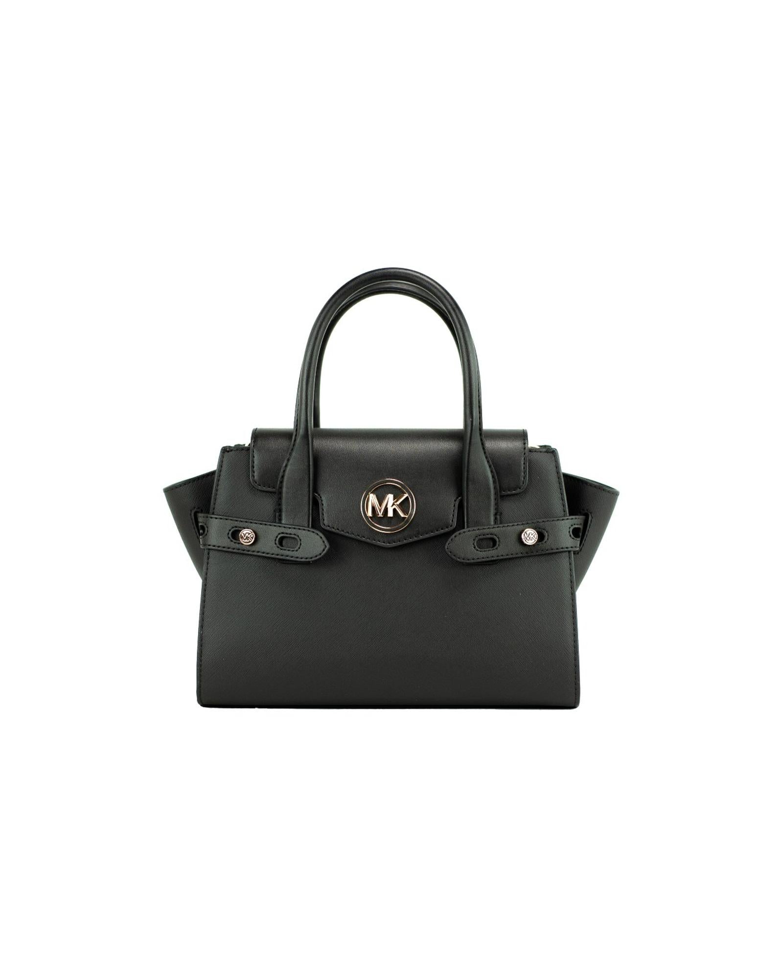 Women's Car Medium Black Gold Saffiano Leather Satchel Handbag Purse Bag - One Size