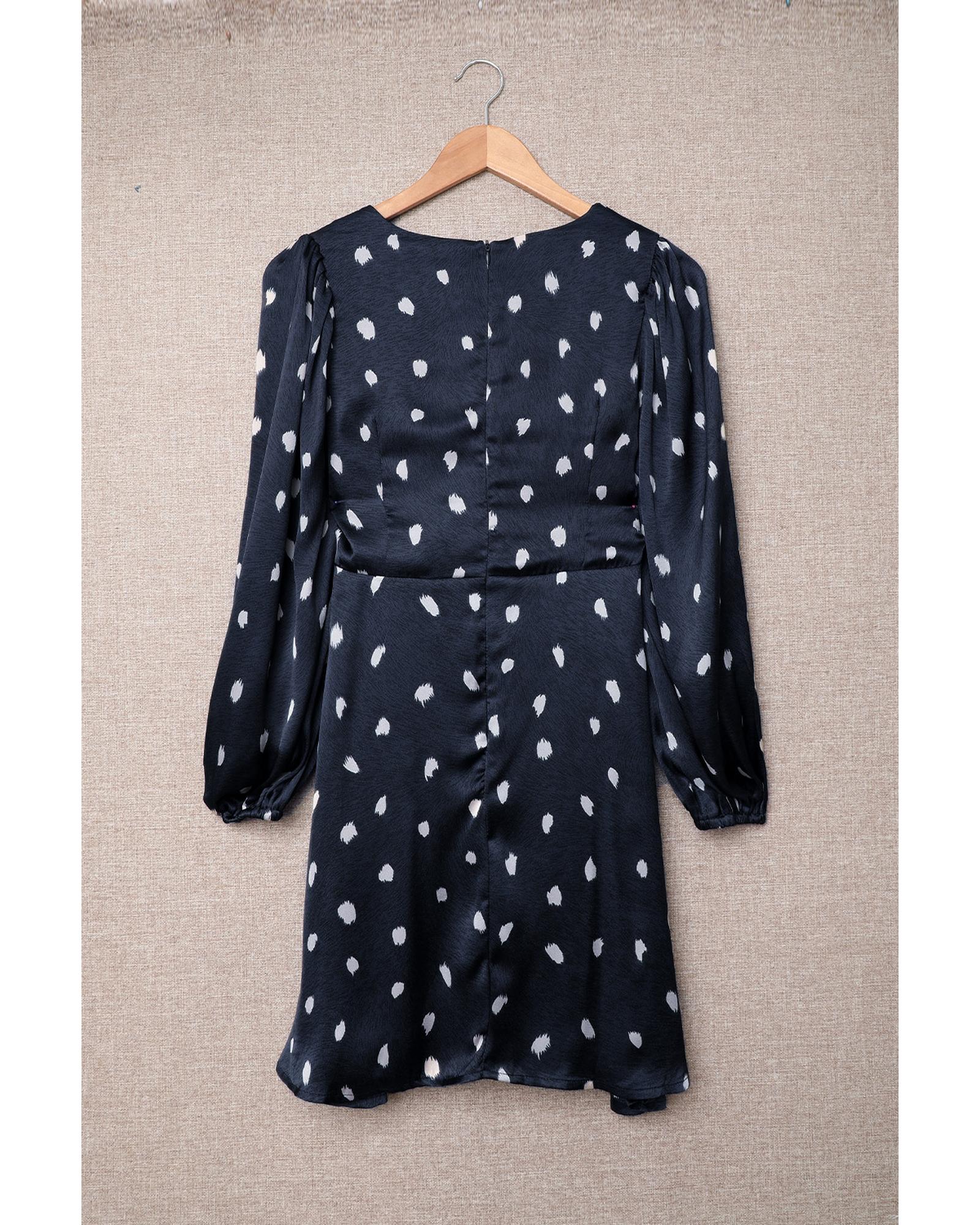 Dot Print A-Line Dress with Deep V Neck and Balloon Sleeves - L