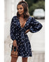 Dot Print A-Line Dress with Deep V Neck and Balloon Sleeves - L