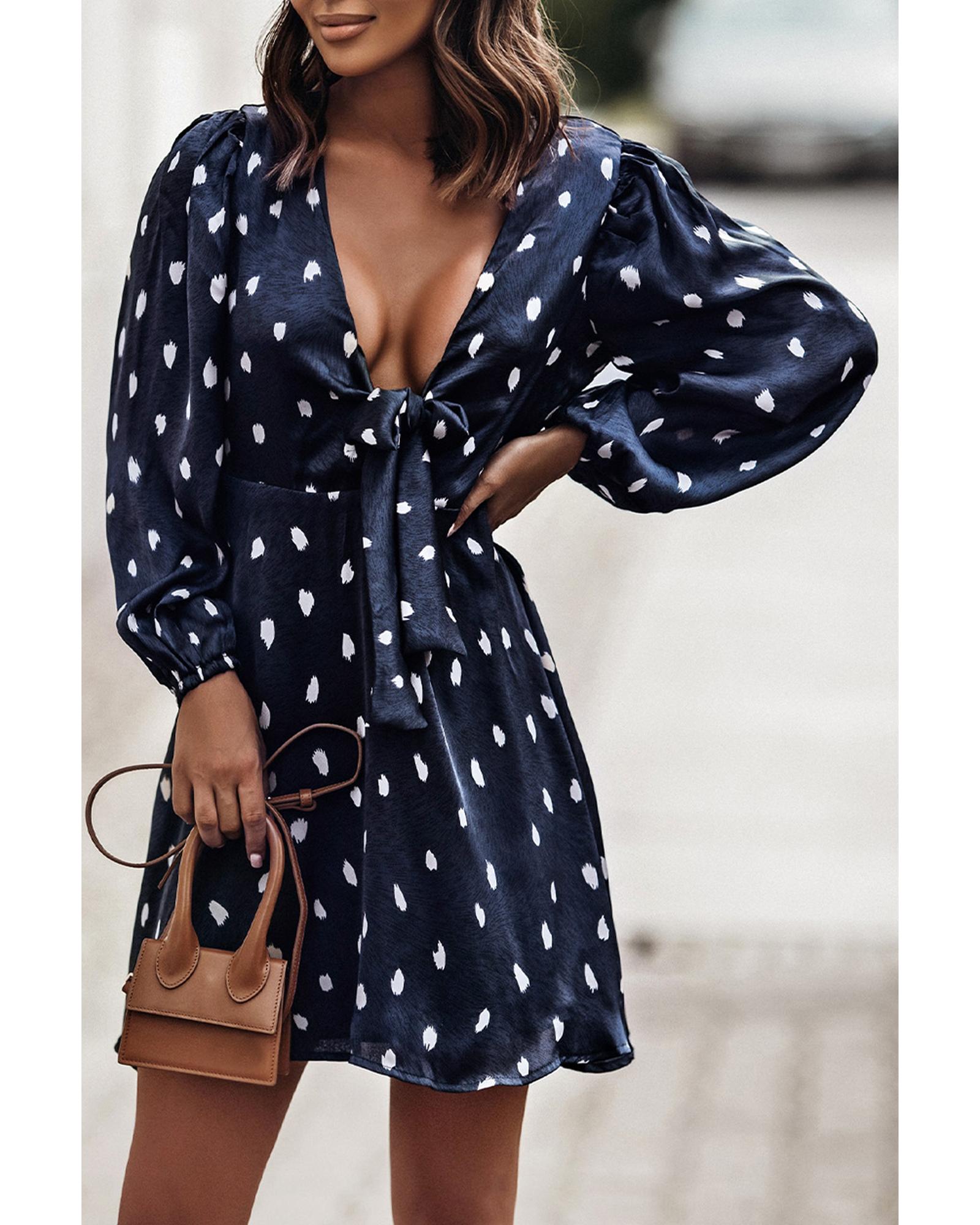 Dot Print A-Line Dress with Deep V Neck and Balloon Sleeves - XL