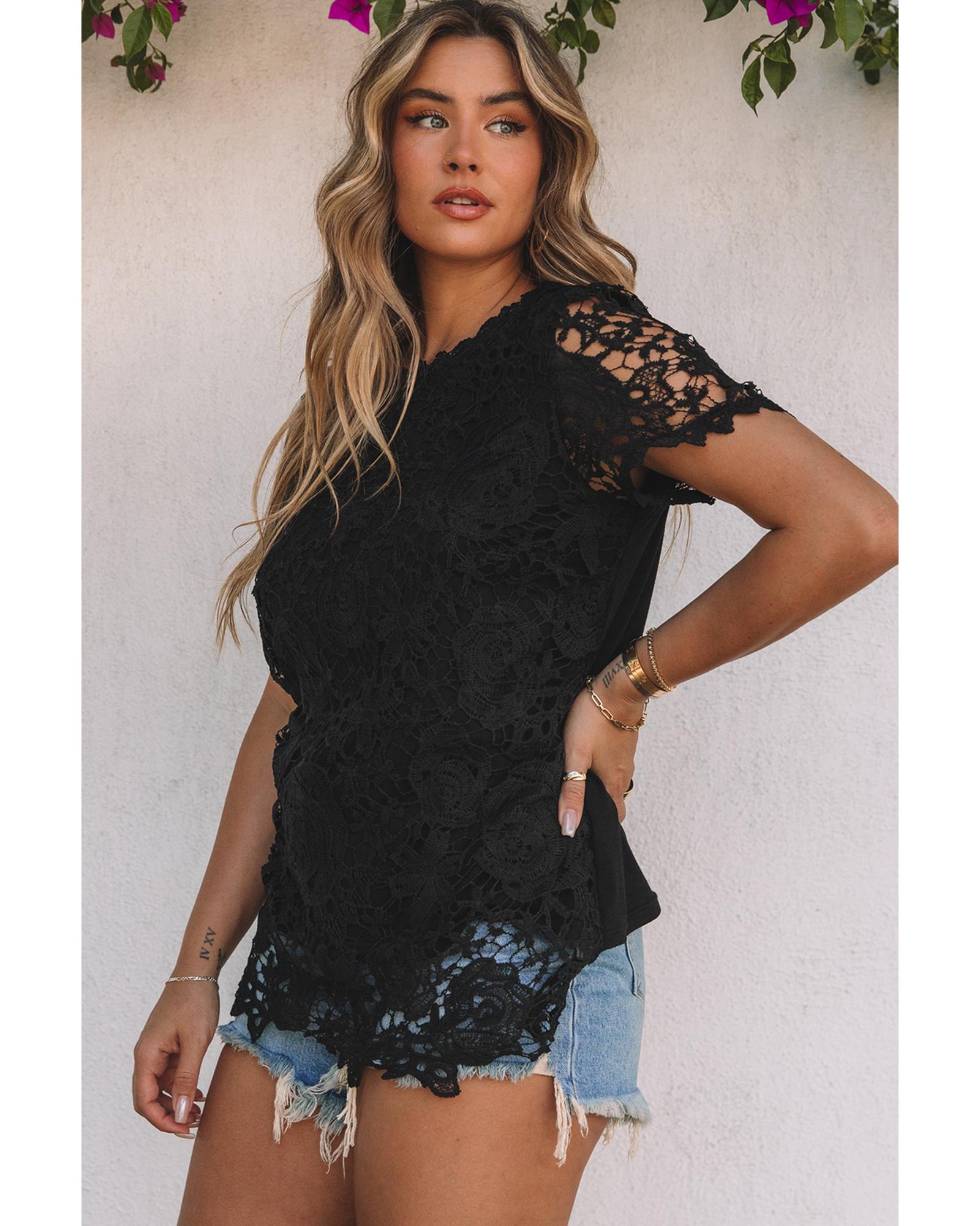 Lace Overlay Short Sleeve Top - M
