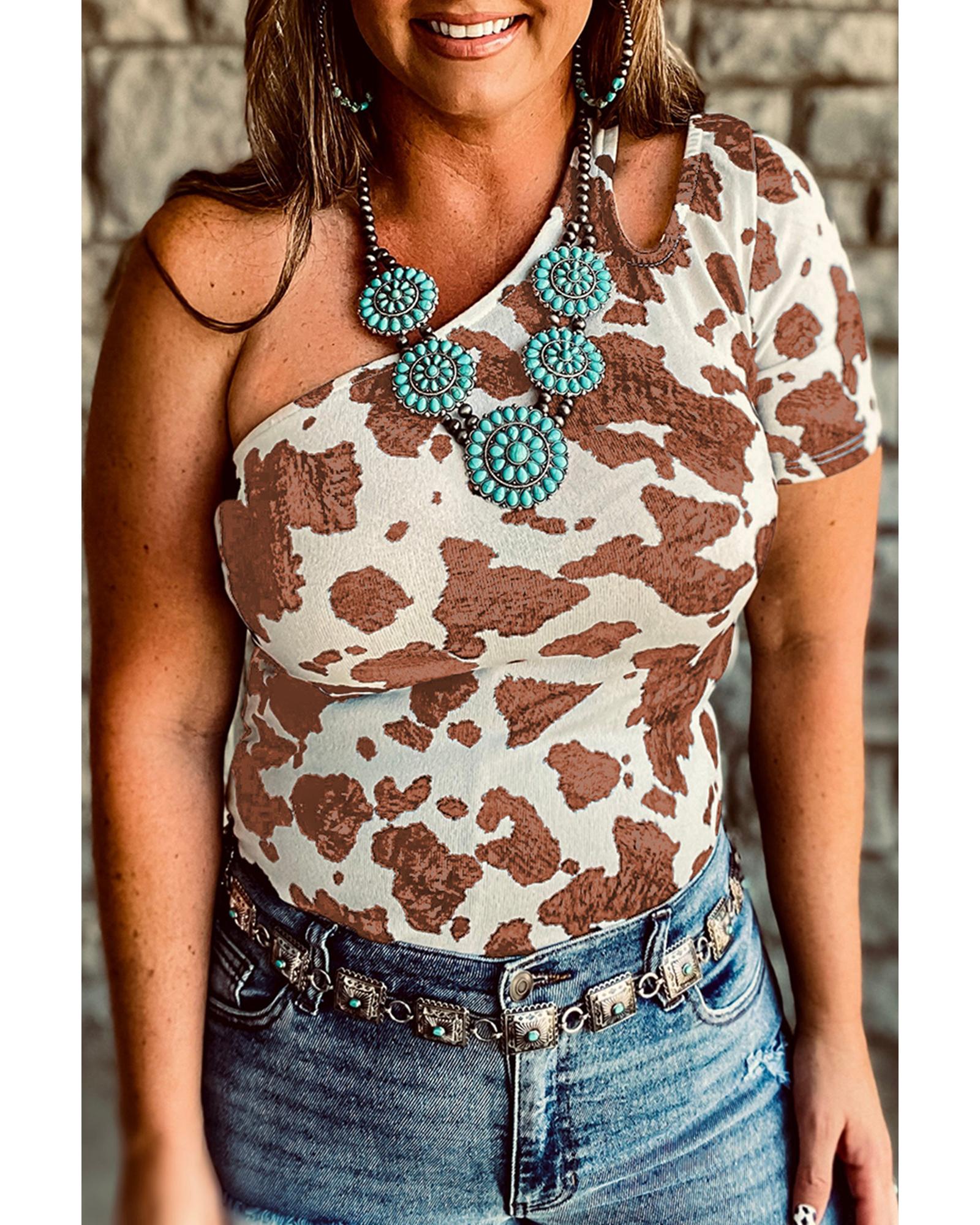 Cow Print Cut out Short Sleeve Top - M