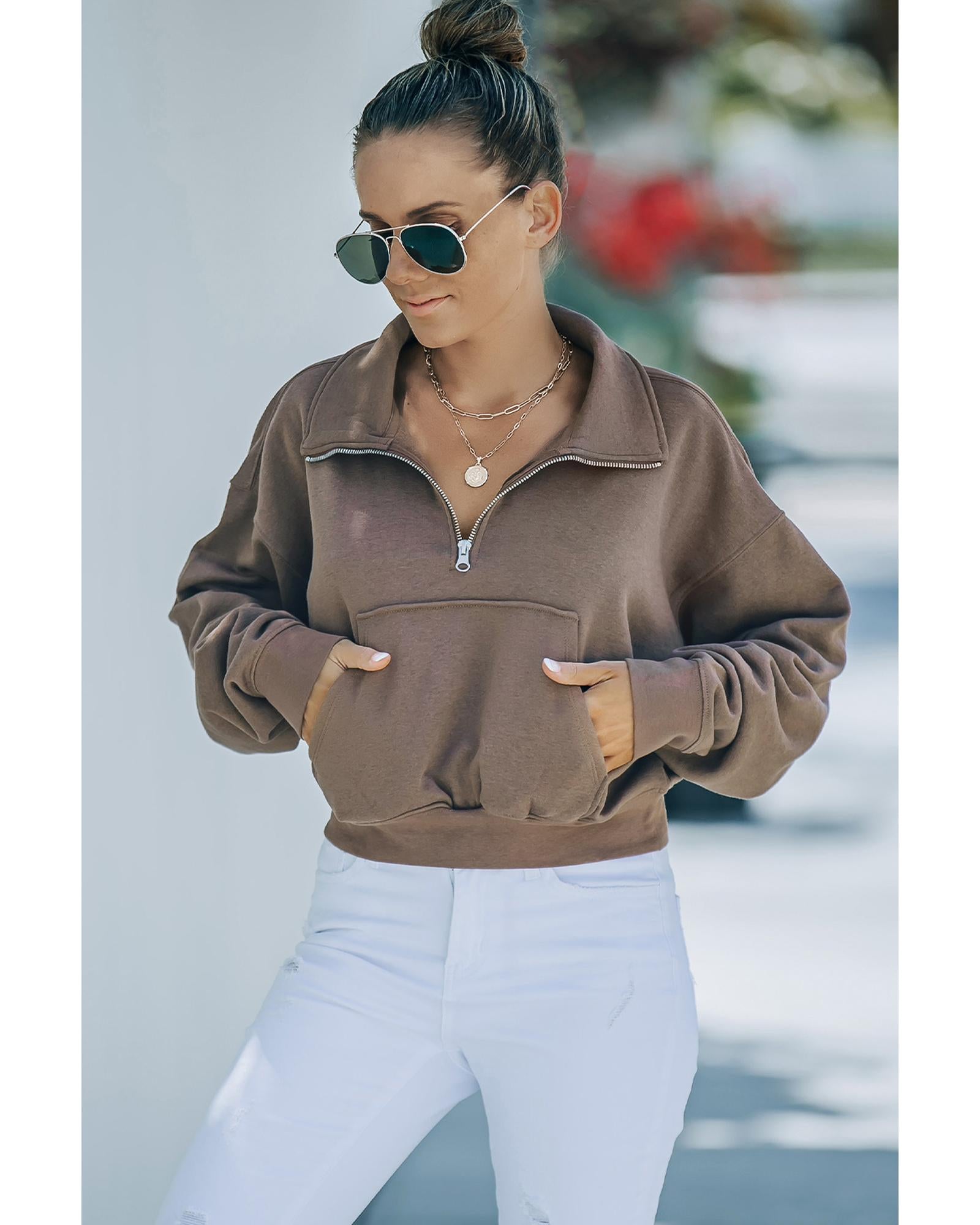 Zipped Cropped Sweatshirt with Pocket - 2XL