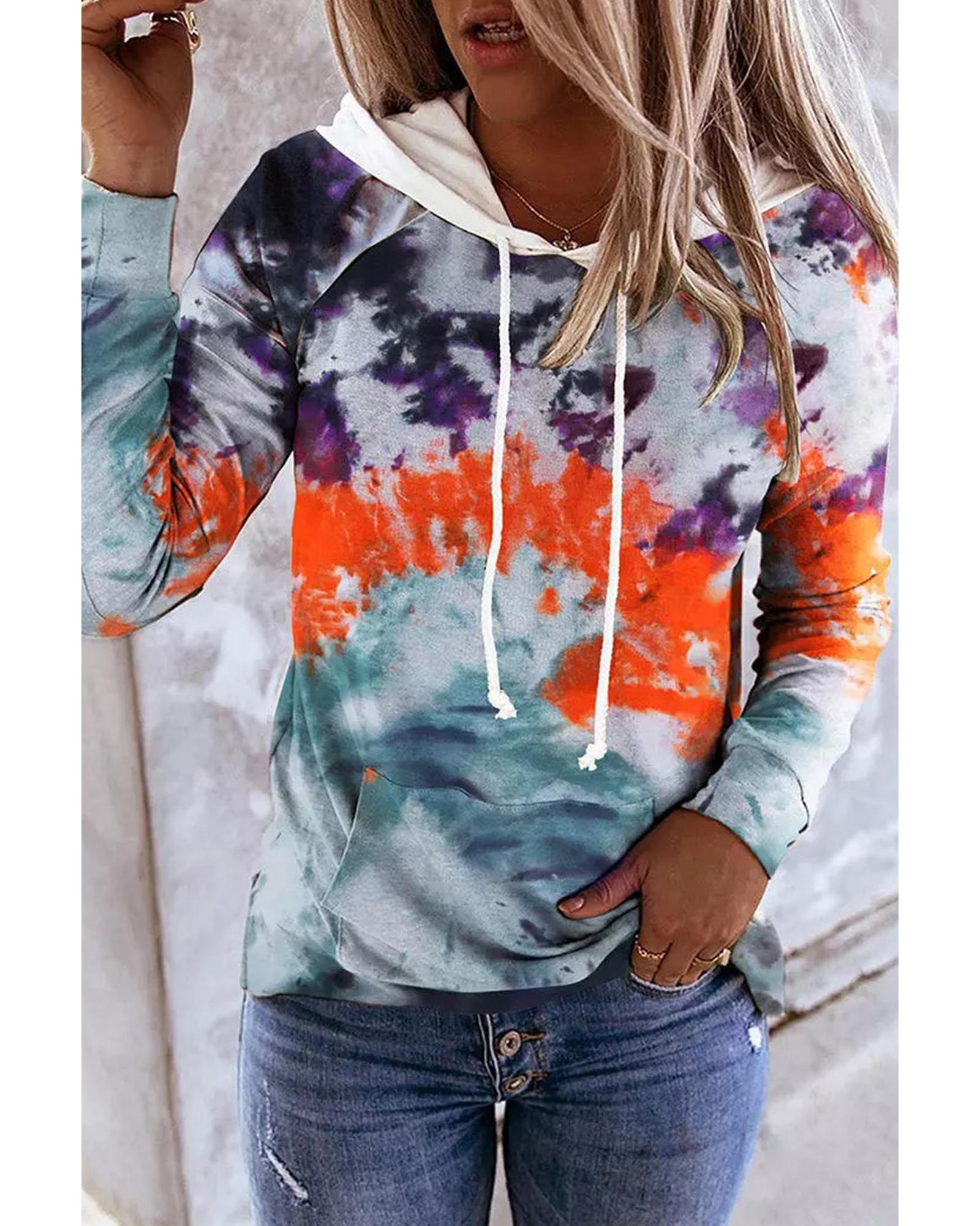 Tie Dye Drawstring Hoodie with Kangaroo Pocket - L