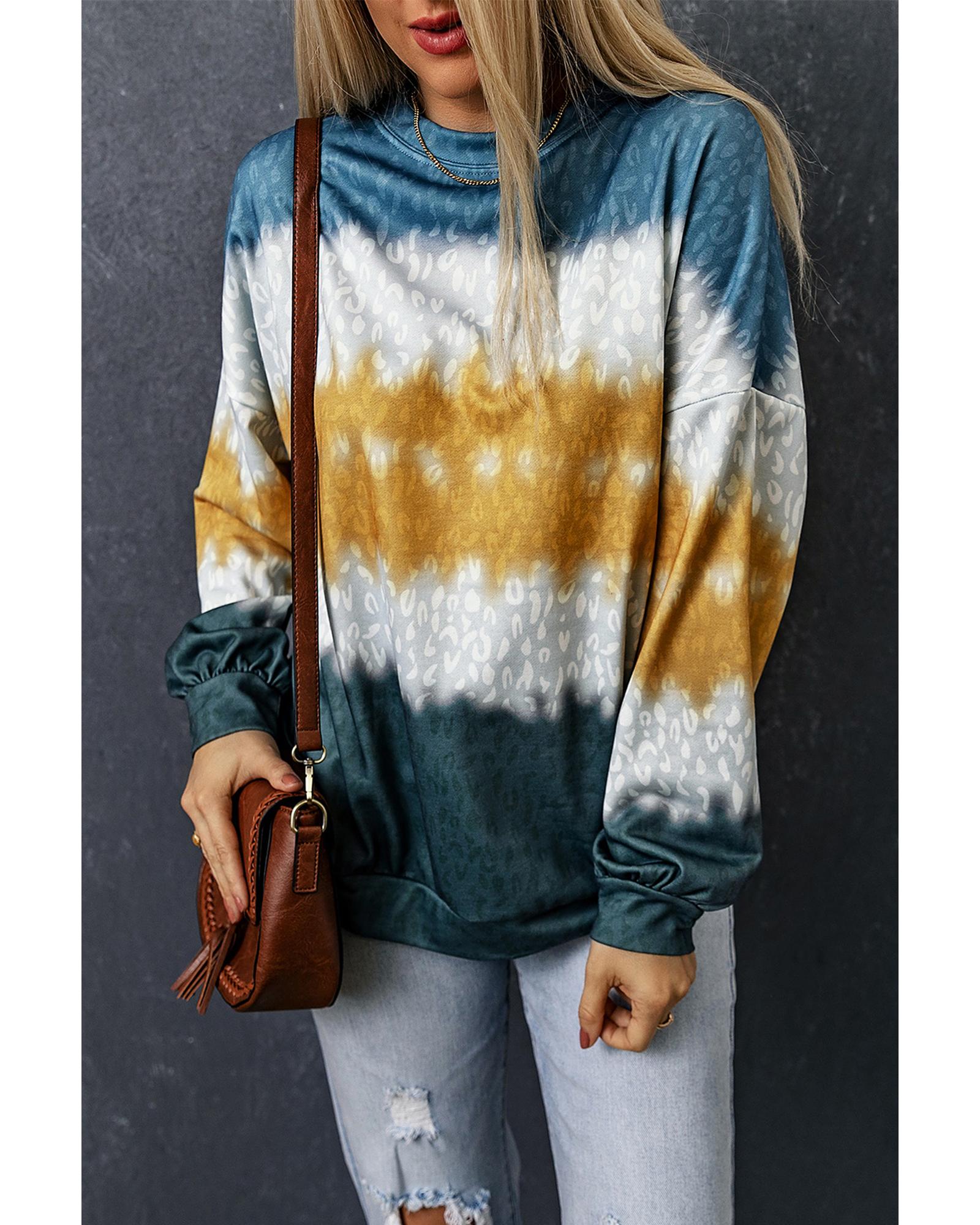 Leopard Tie Dye Color Block Pullover Sweatshirt - L