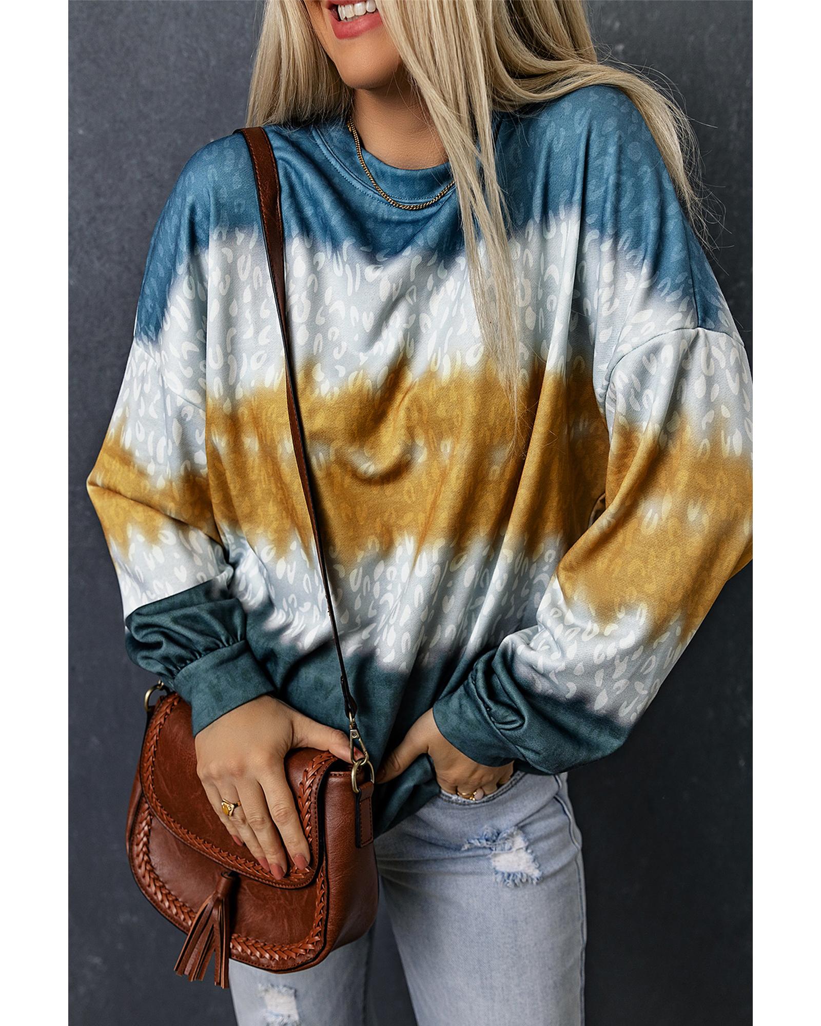 Leopard Tie Dye Color Block Pullover Sweatshirt - L