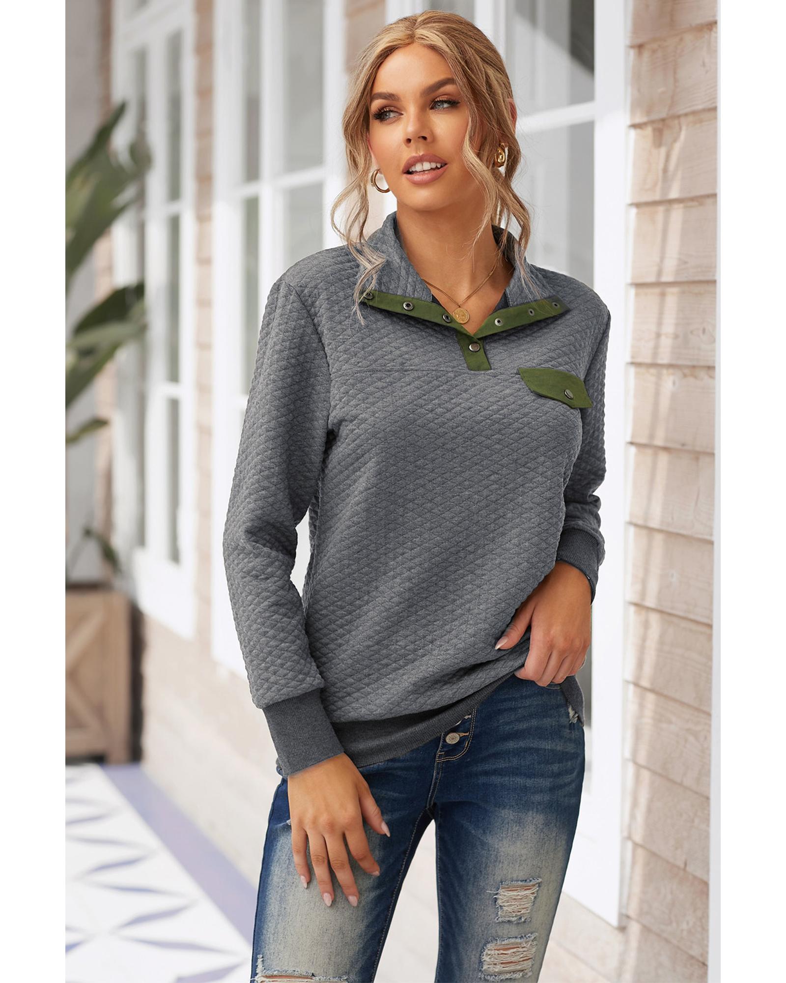 Quilted Stand Neck Sweatshirt with Fake Front Pocket - M
