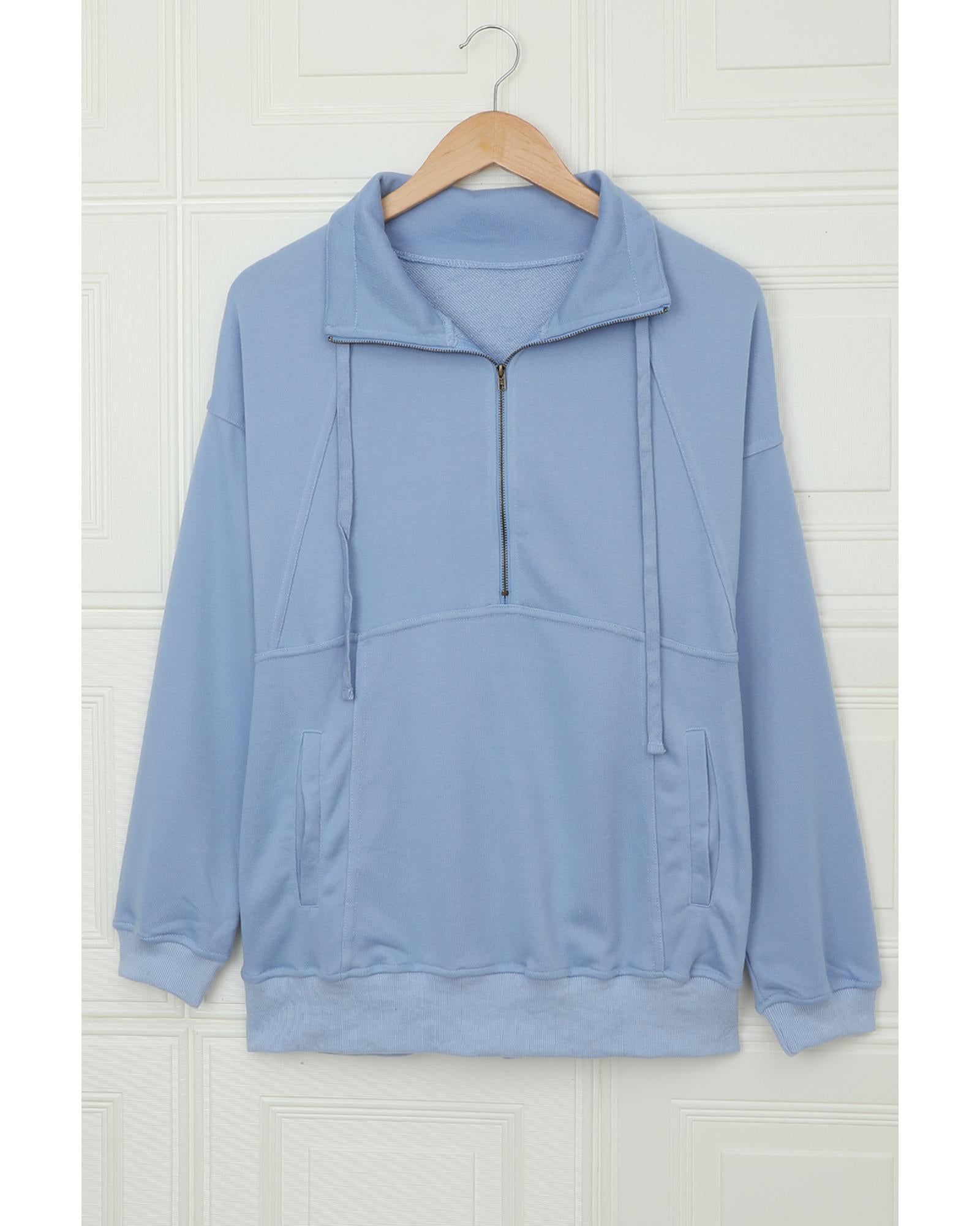 Pocketed Half Zip Pullover Sky Blue Sweatshirt - S