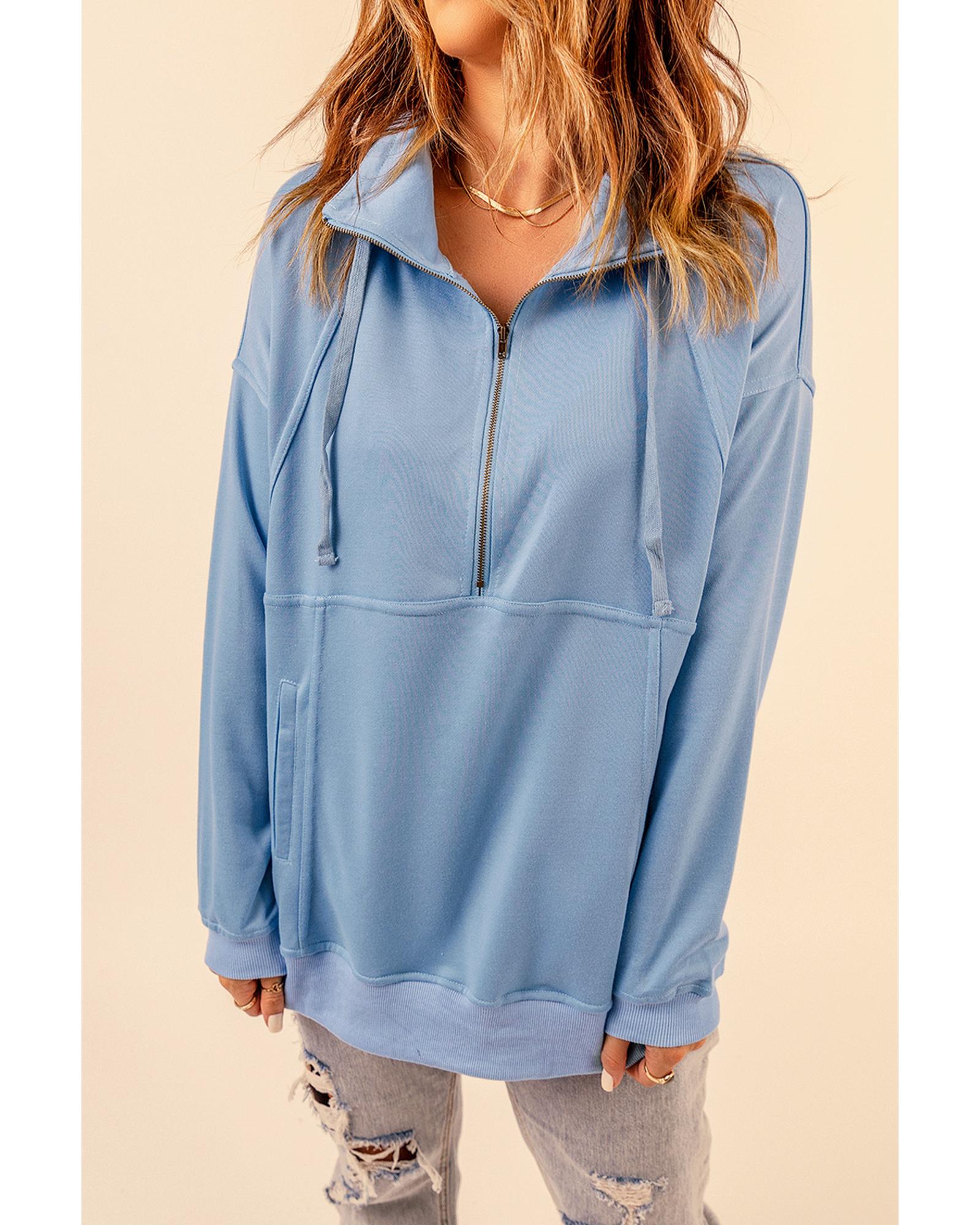 Pocketed Half Zip Pullover Sky Blue Sweatshirt - S