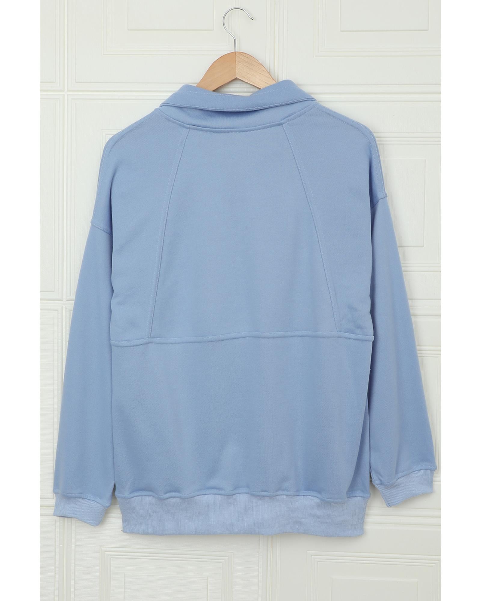 Pocketed Half Zip Pullover Sky Blue Sweatshirt - S