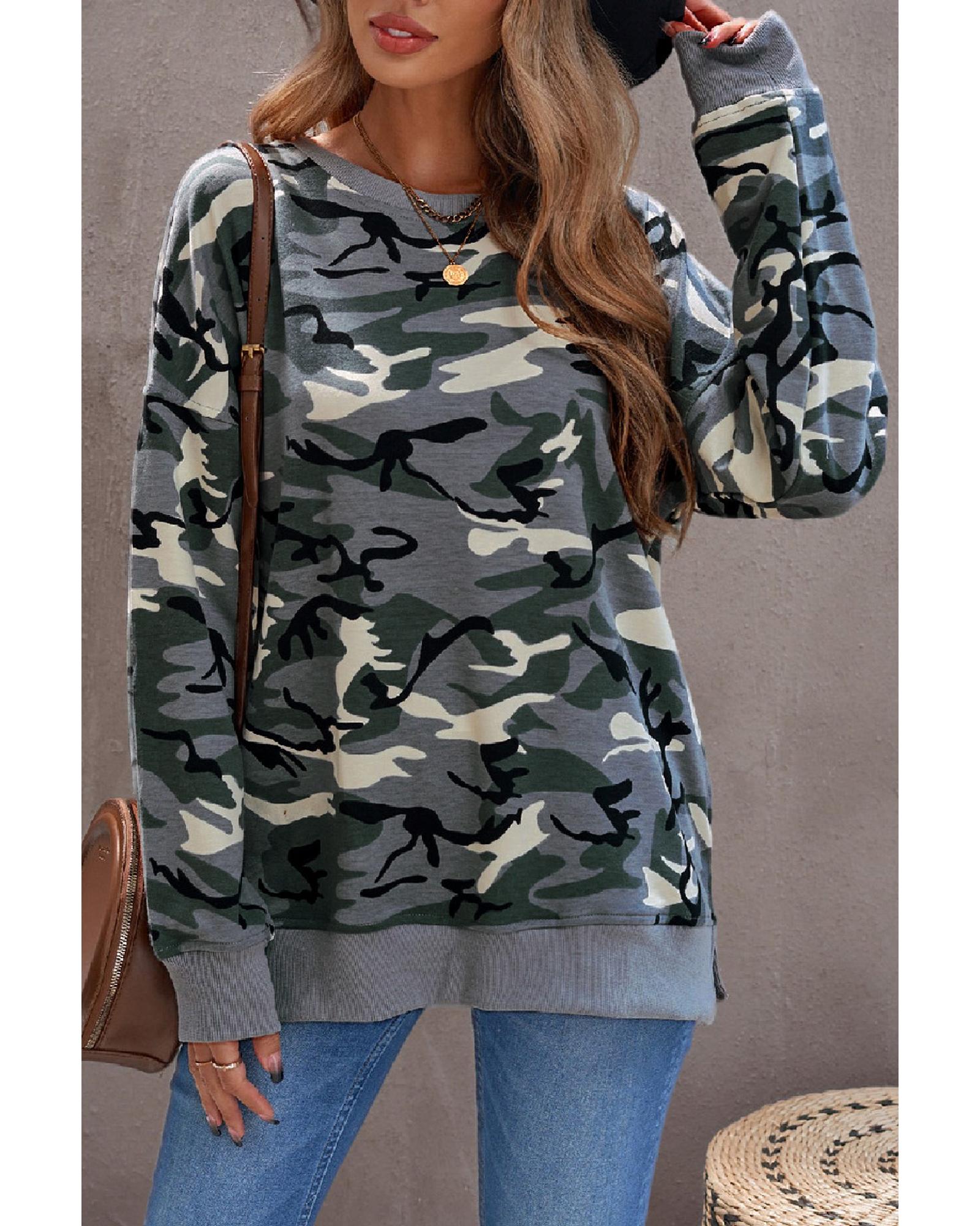 Camouflage Pullover Sweatshirt with Slits - XL