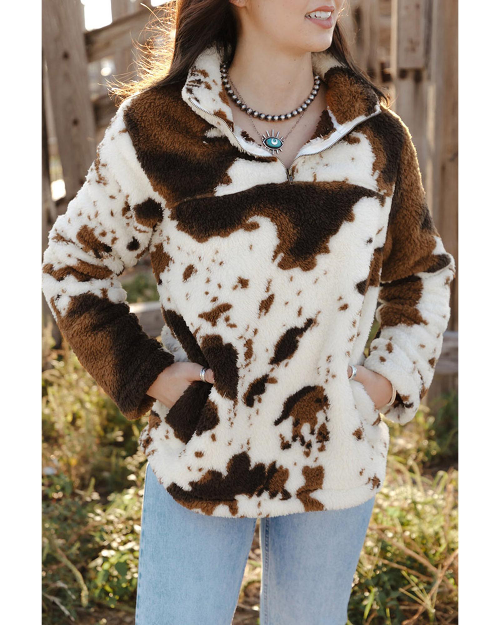 Cow Print Fleece Sweatshirt - M