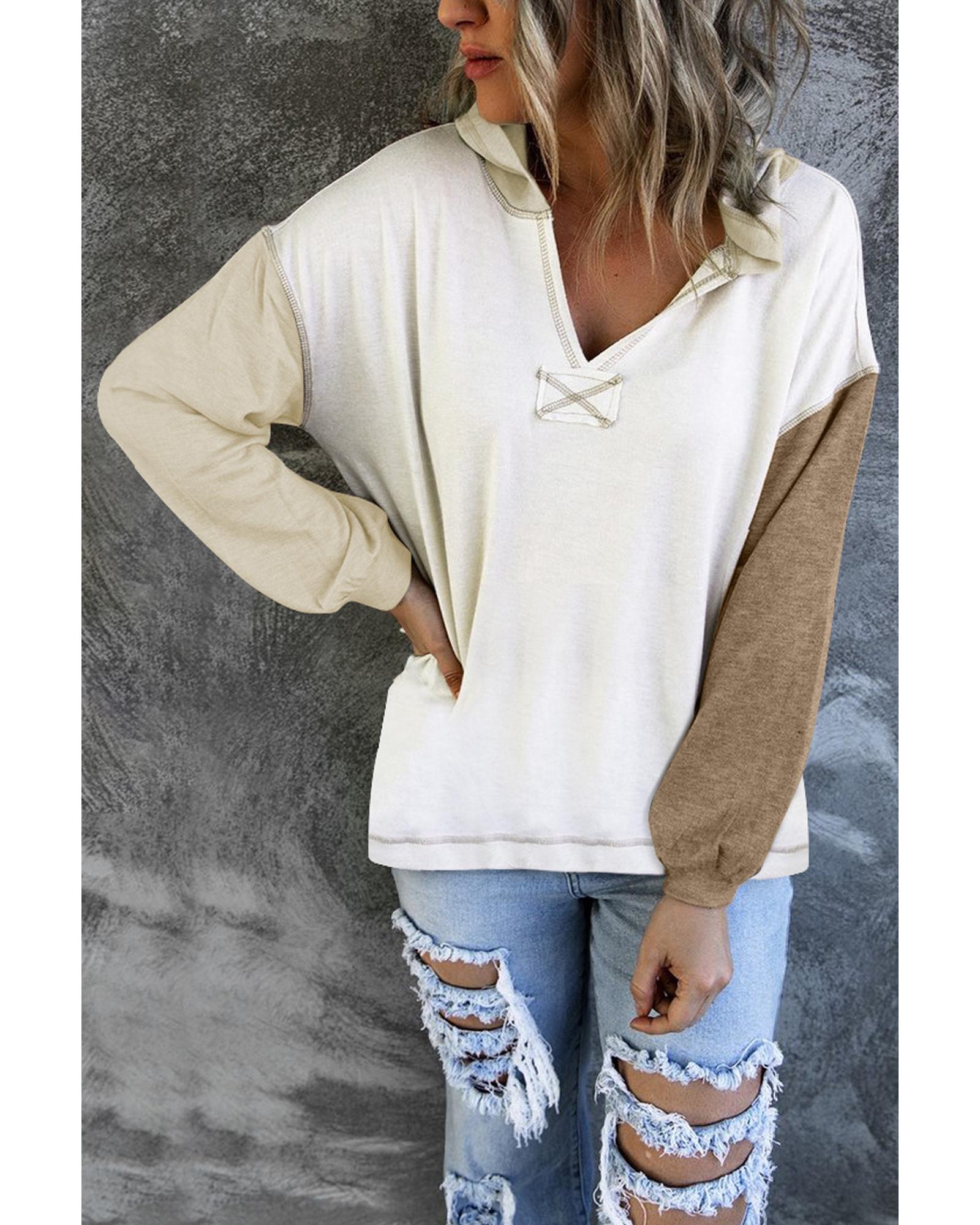 Colorblock V Neck Long Sleeve Hoodie - S