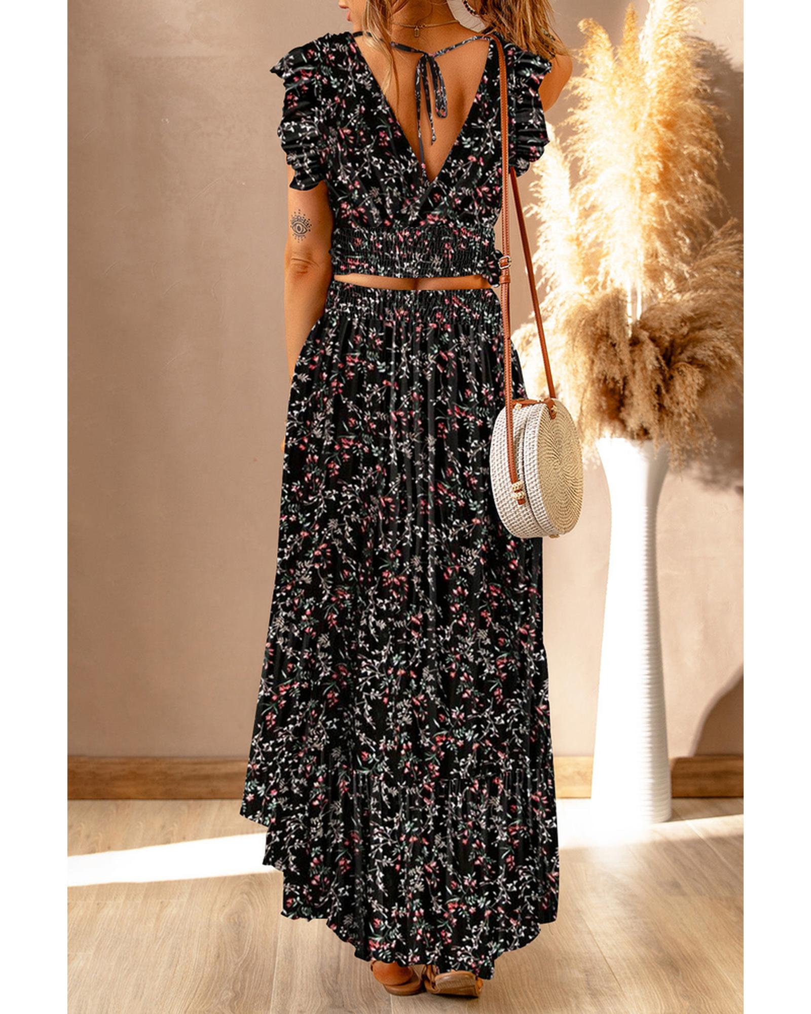 Floral Ruffled Crop Top and Maxi Skirt Set - L