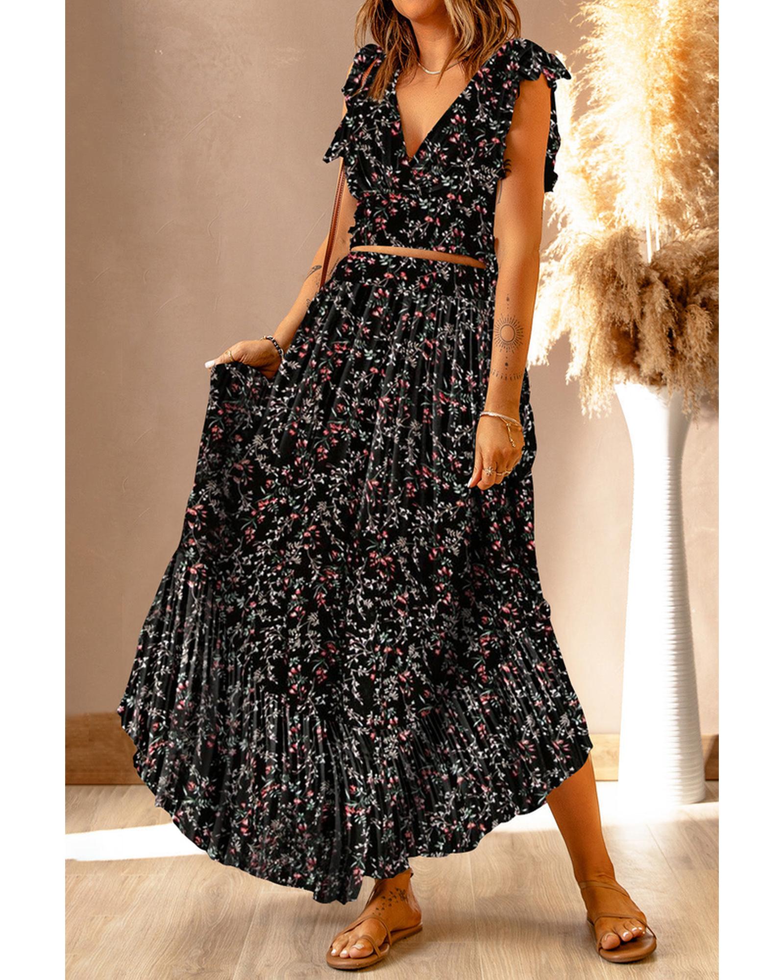 Floral Ruffled Crop Top and Maxi Skirt Set - M