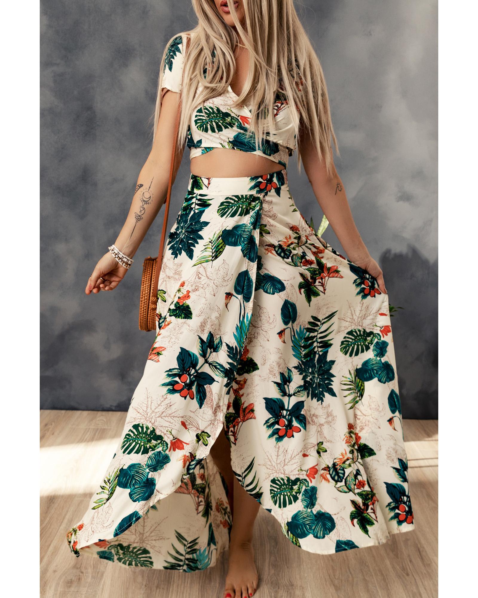 Tropical Print Crop Top and Maxi Skirt Set - XL