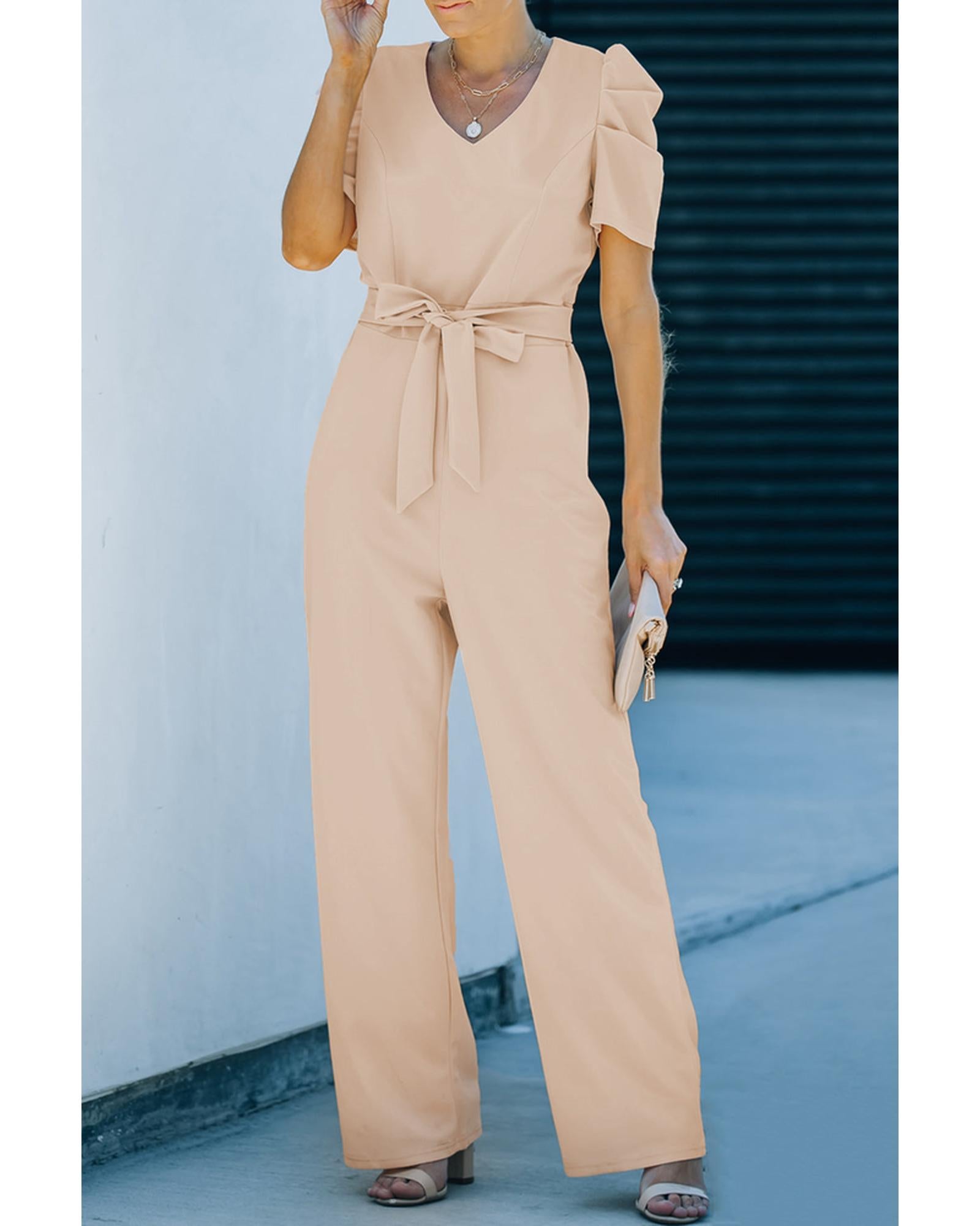 Knotted High Waist Short Sleeve Jumpsuit - M