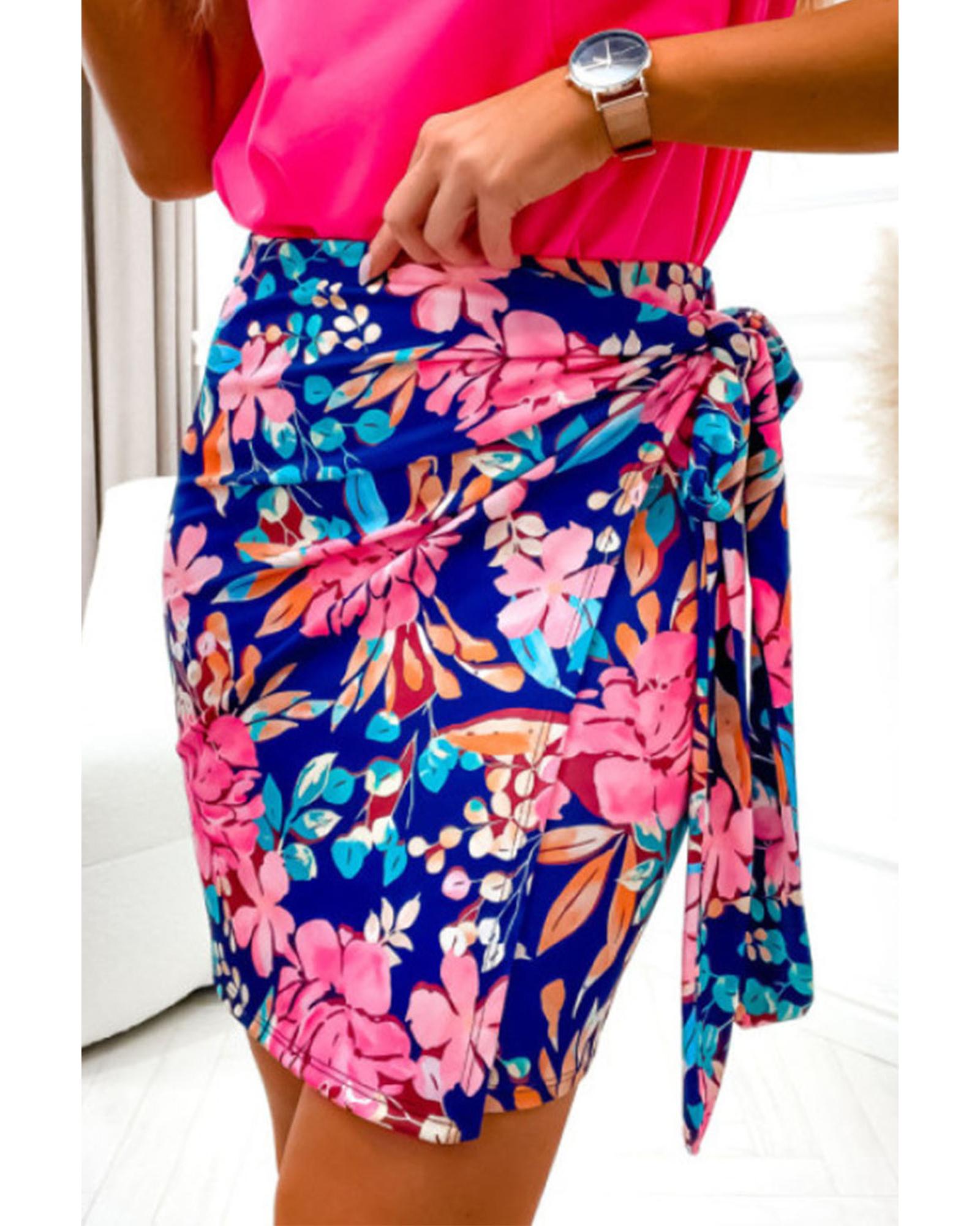 Floral Print Lace-up Bodycon Mini Skirt - L
