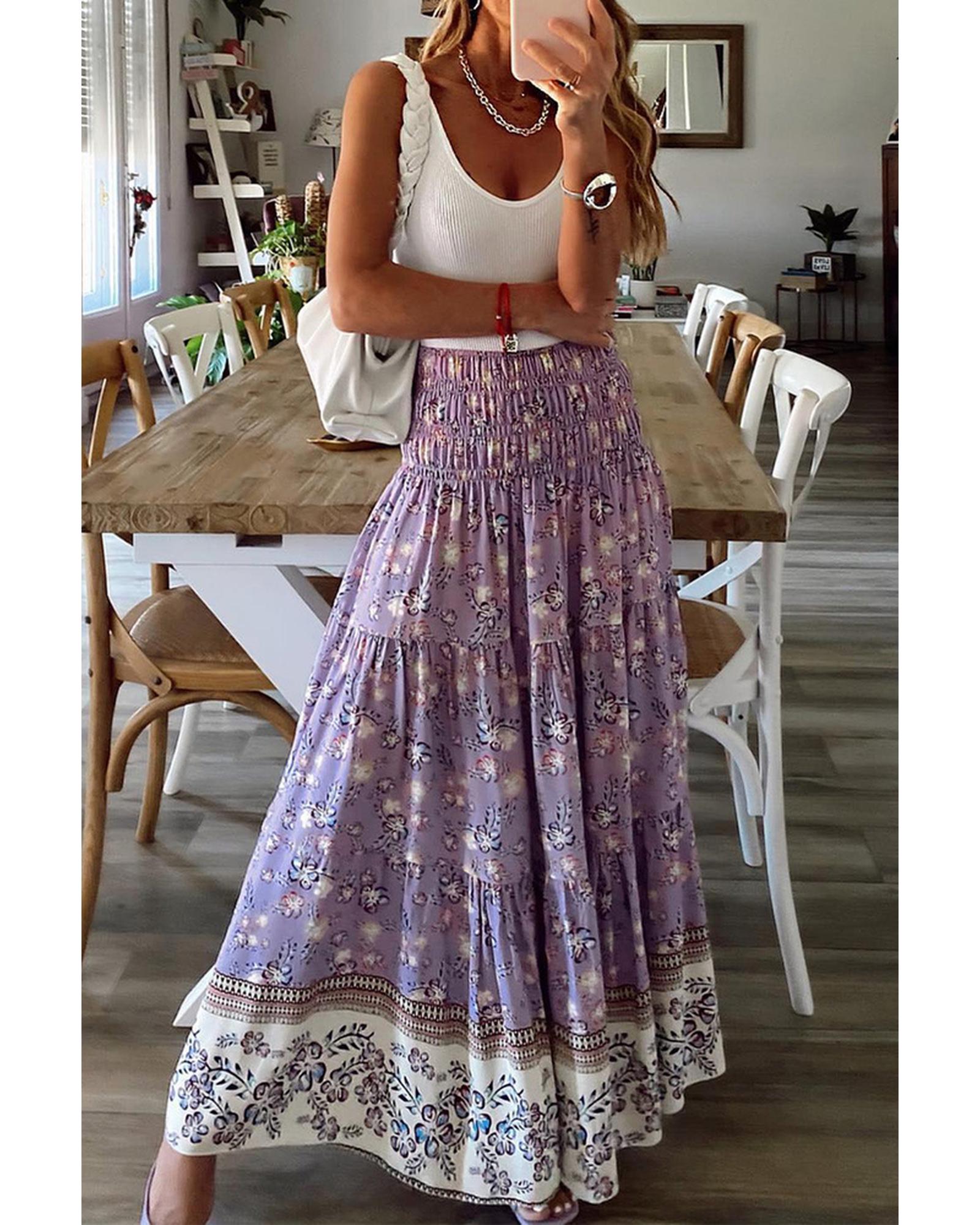 Floral Print High Waist Maxi Skirt - L