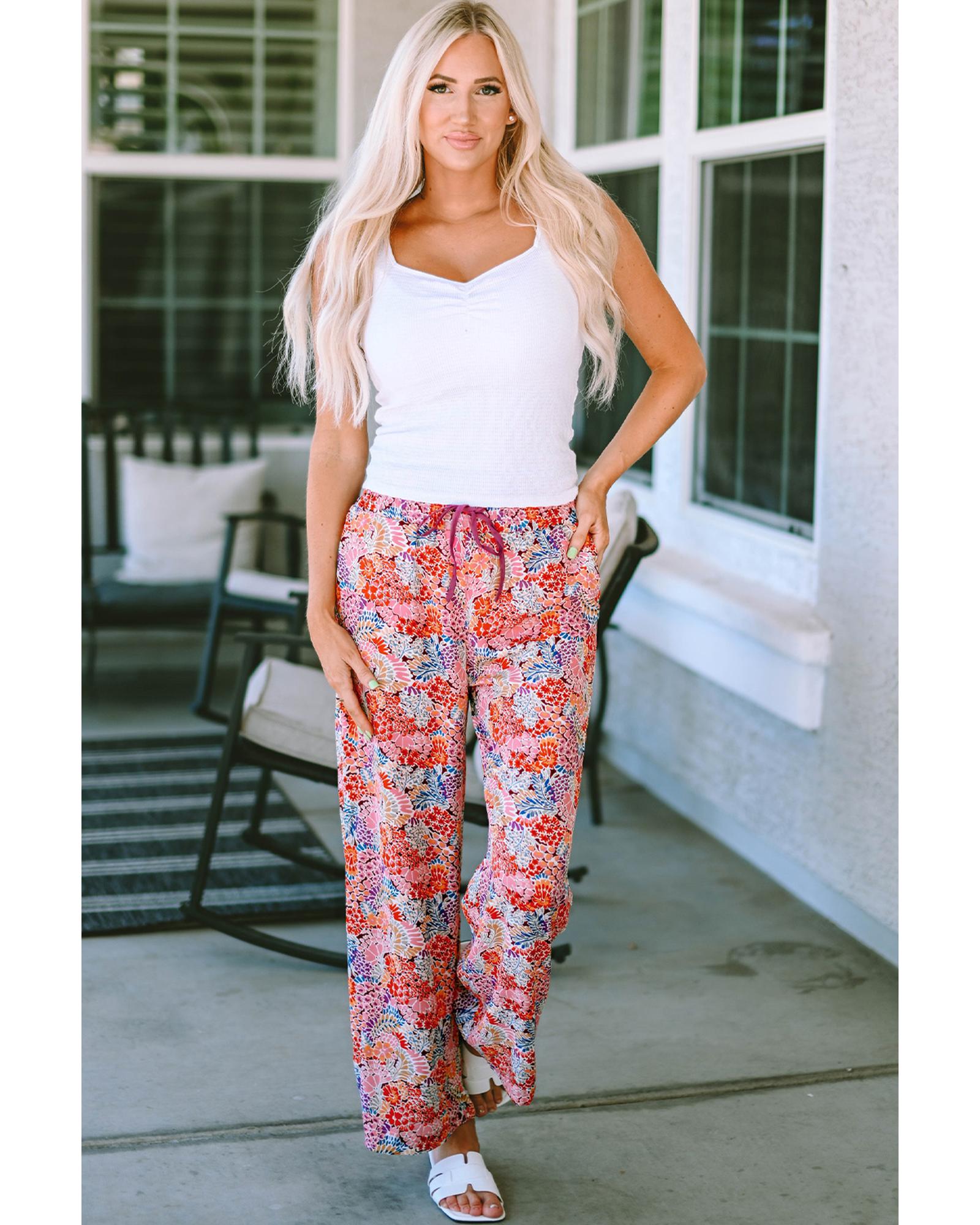 Print Drawstring Smocked High Waist Pants - XL