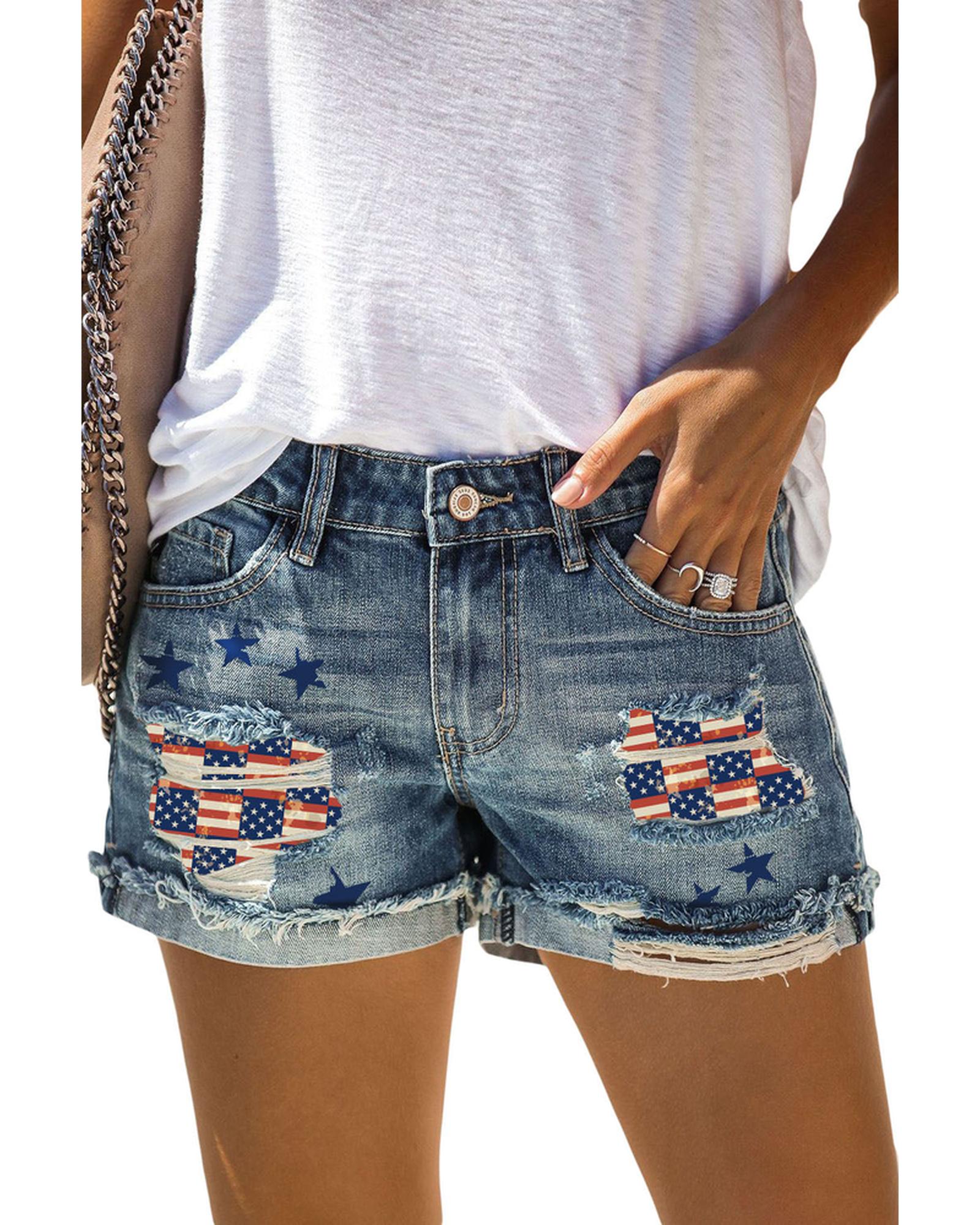 American Flag Patchwork Denim Shorts - M