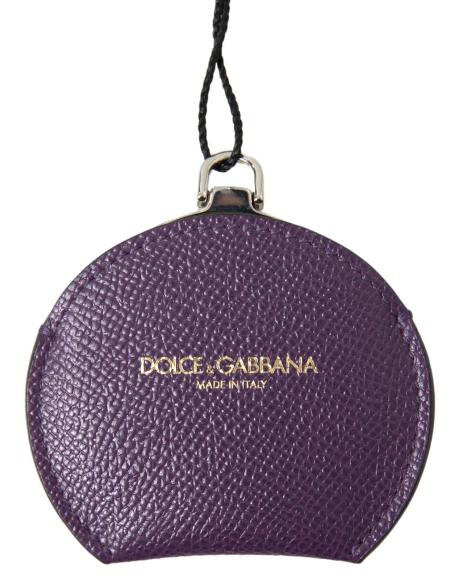 Women's Purple Calfskin Leather Round Hand Mirror Holder - One Size