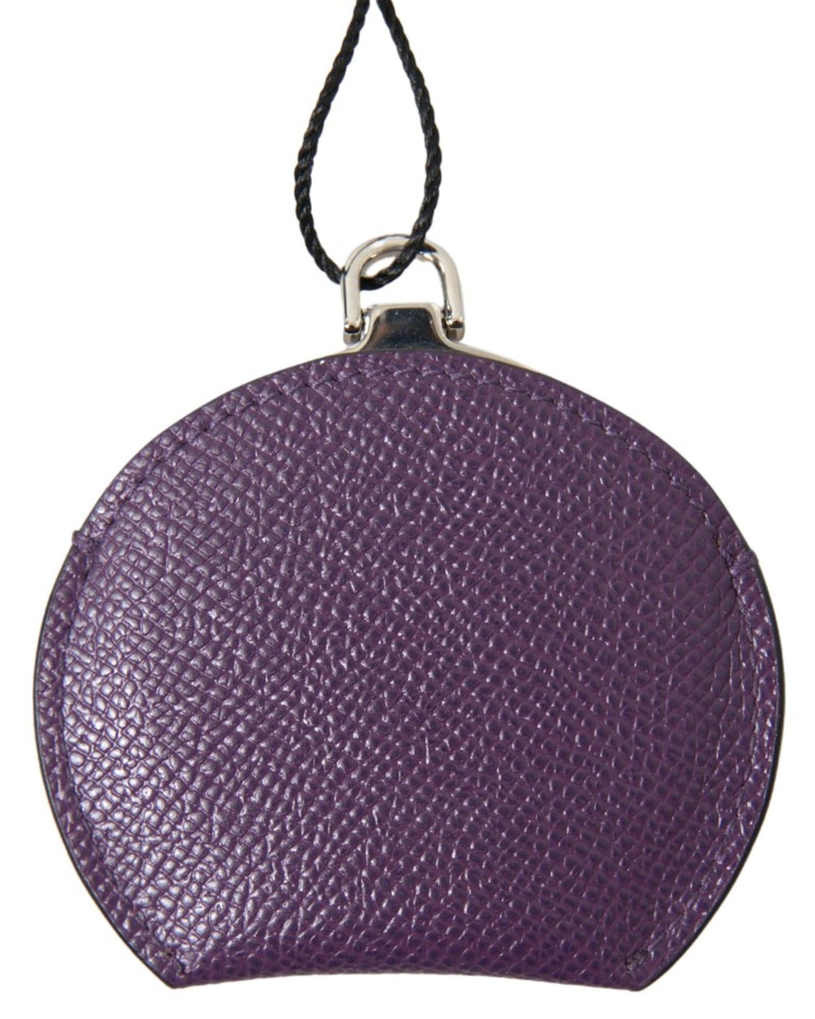 Women's Purple Calfskin Leather Round Hand Mirror Holder - One Size