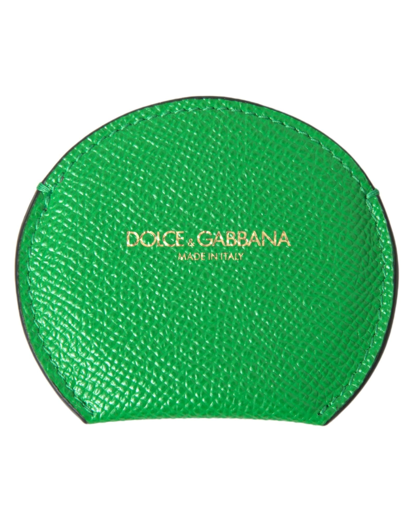 Women's Green Calfskin Leather Round Logo Hand Mirror Holder - One Size