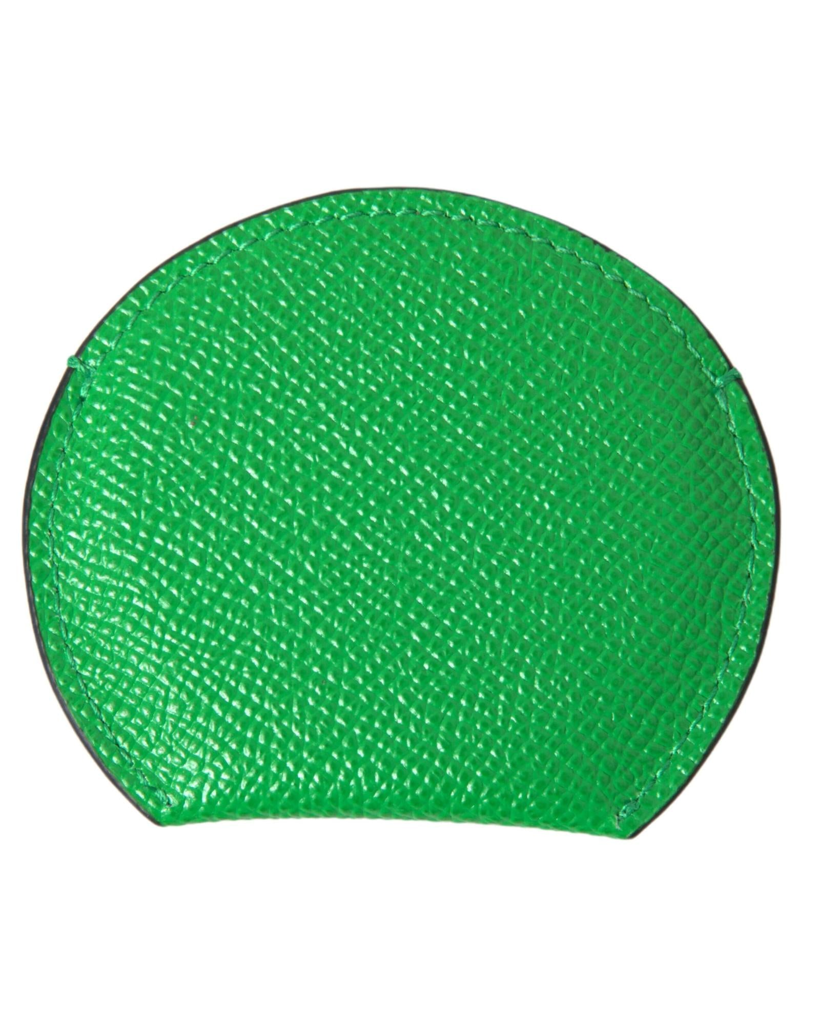 Women's Green Calfskin Leather Round Logo Hand Mirror Holder - One Size